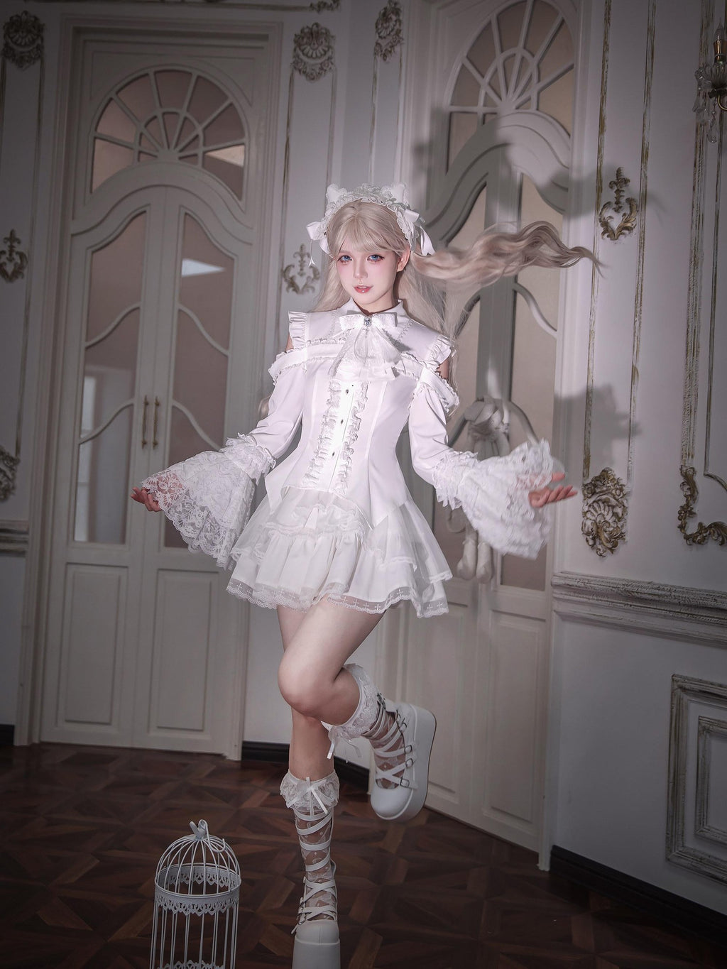 Ekomi Gothic Hime Sleeve A Line Women's White Satin Ribbon Bow Skirt Sets