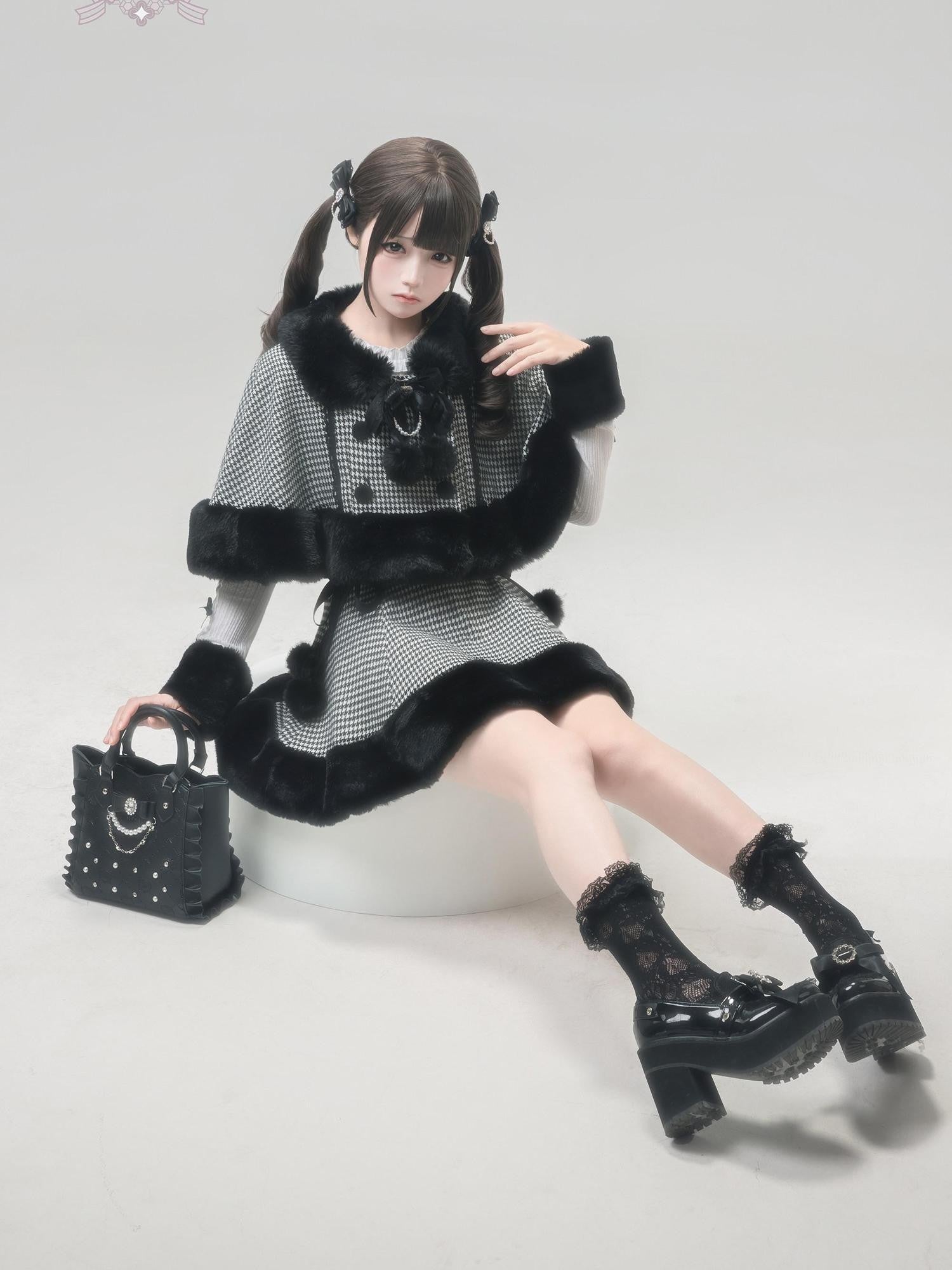 Ekomi Houndstooth Plaid Plush Cape Subculture Women's Full Coordination Sets