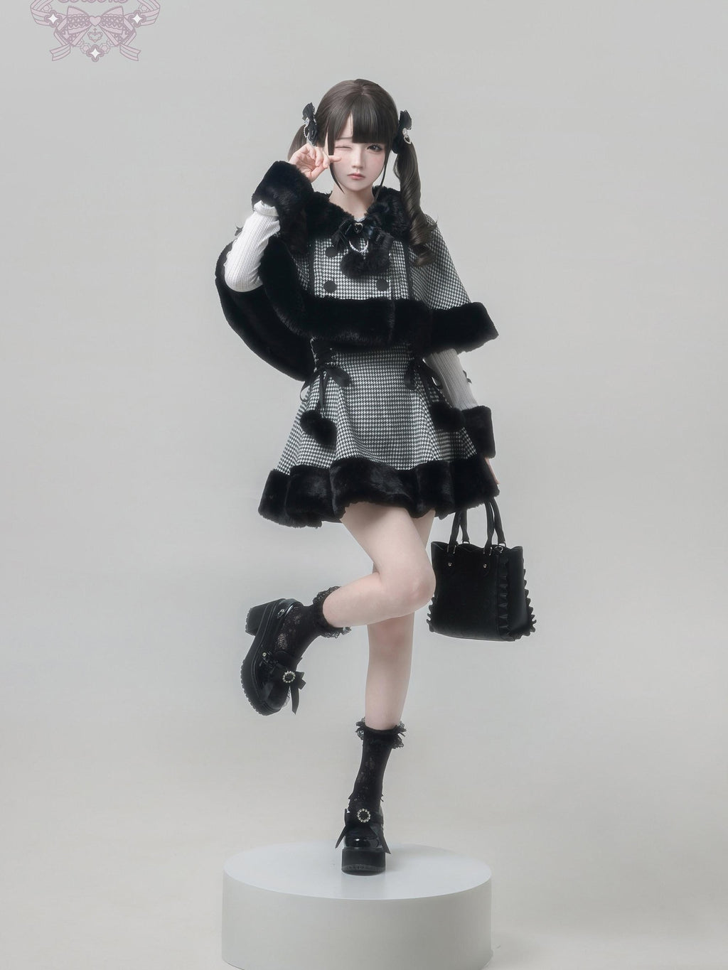 Ekomi Houndstooth Plaid Plush Cape Subculture Women's Full Coordination Sets