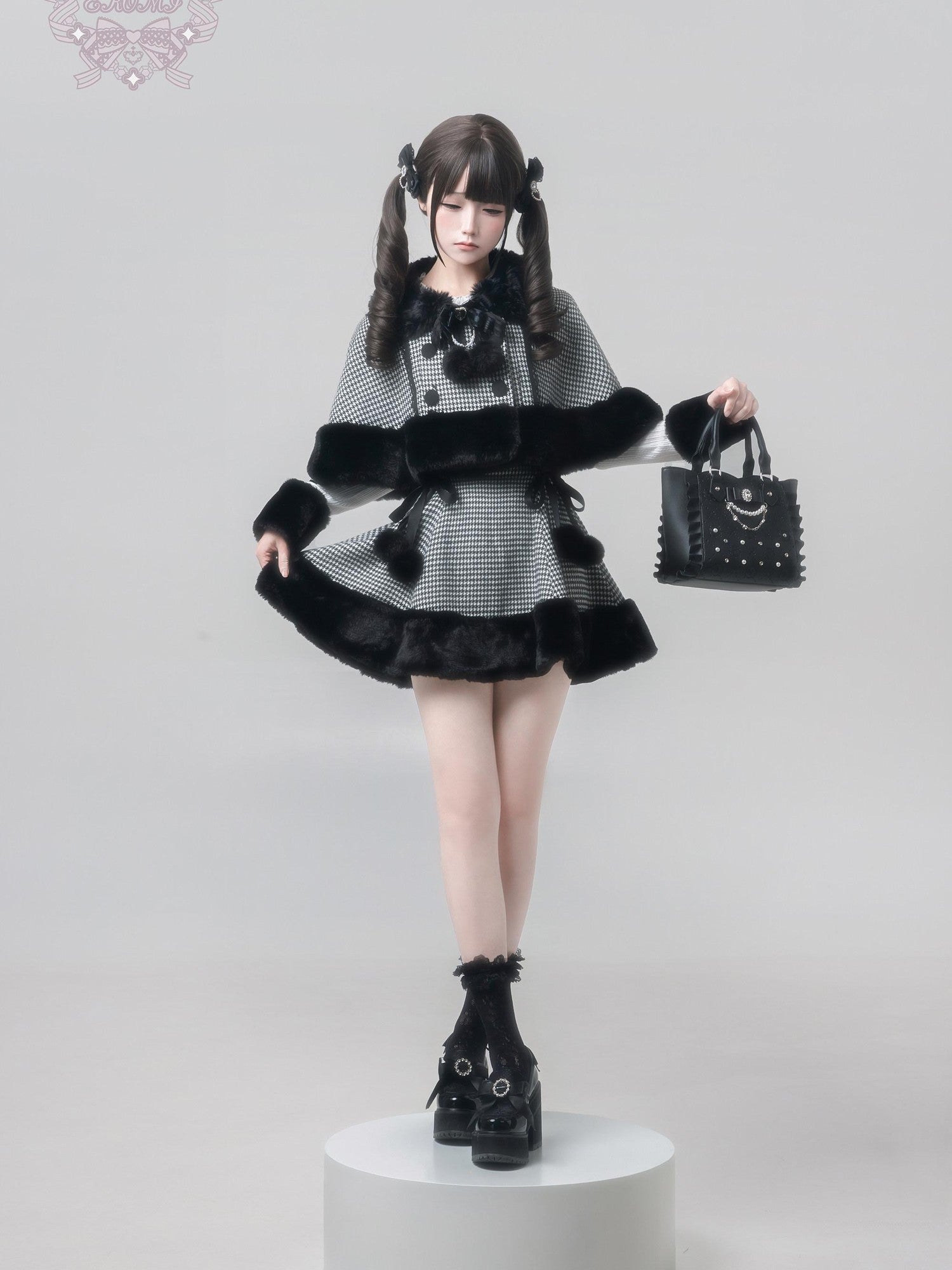 Ekomi Houndstooth Plaid Plush Cape Subculture Women's Full Coordination Sets