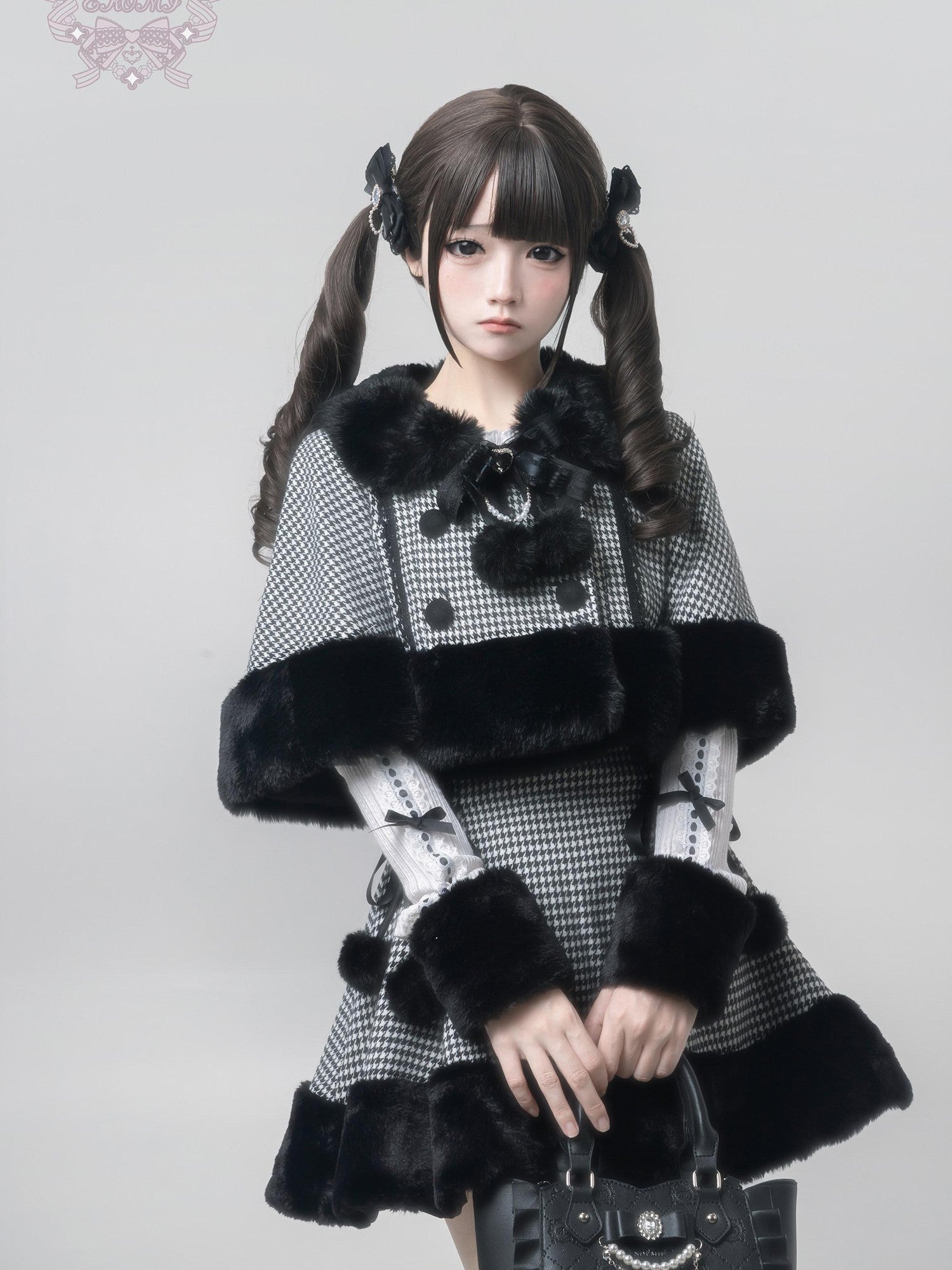Ekomi Houndstooth Plaid Plush Cape Subculture Women's Full Coordination Sets