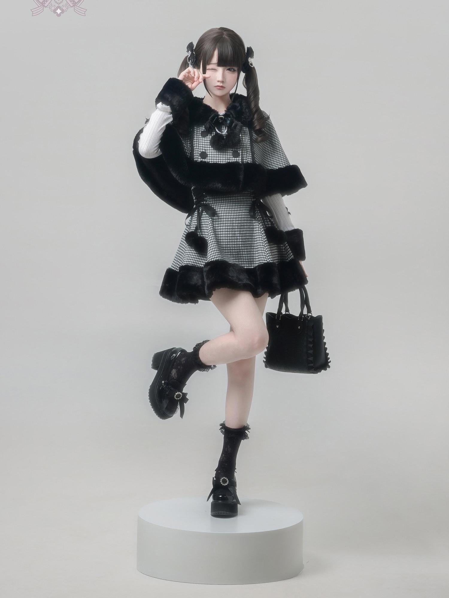 Ekomi Houndstooth Plaid Plush Cape Subculture Women's Full Coordination Sets