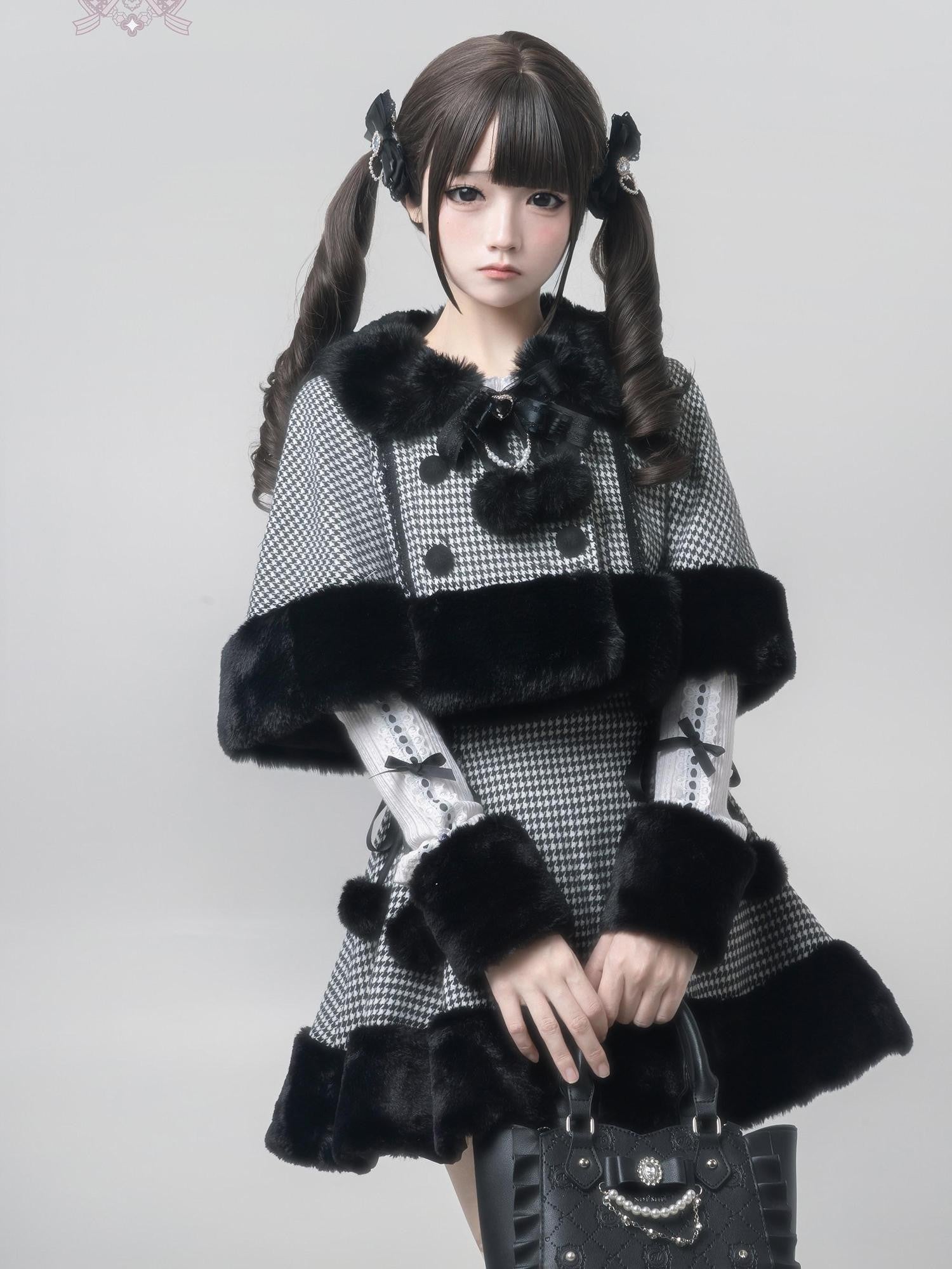 Ekomi Houndstooth Plaid Plush Cape Subculture Women's Full Coordination Sets