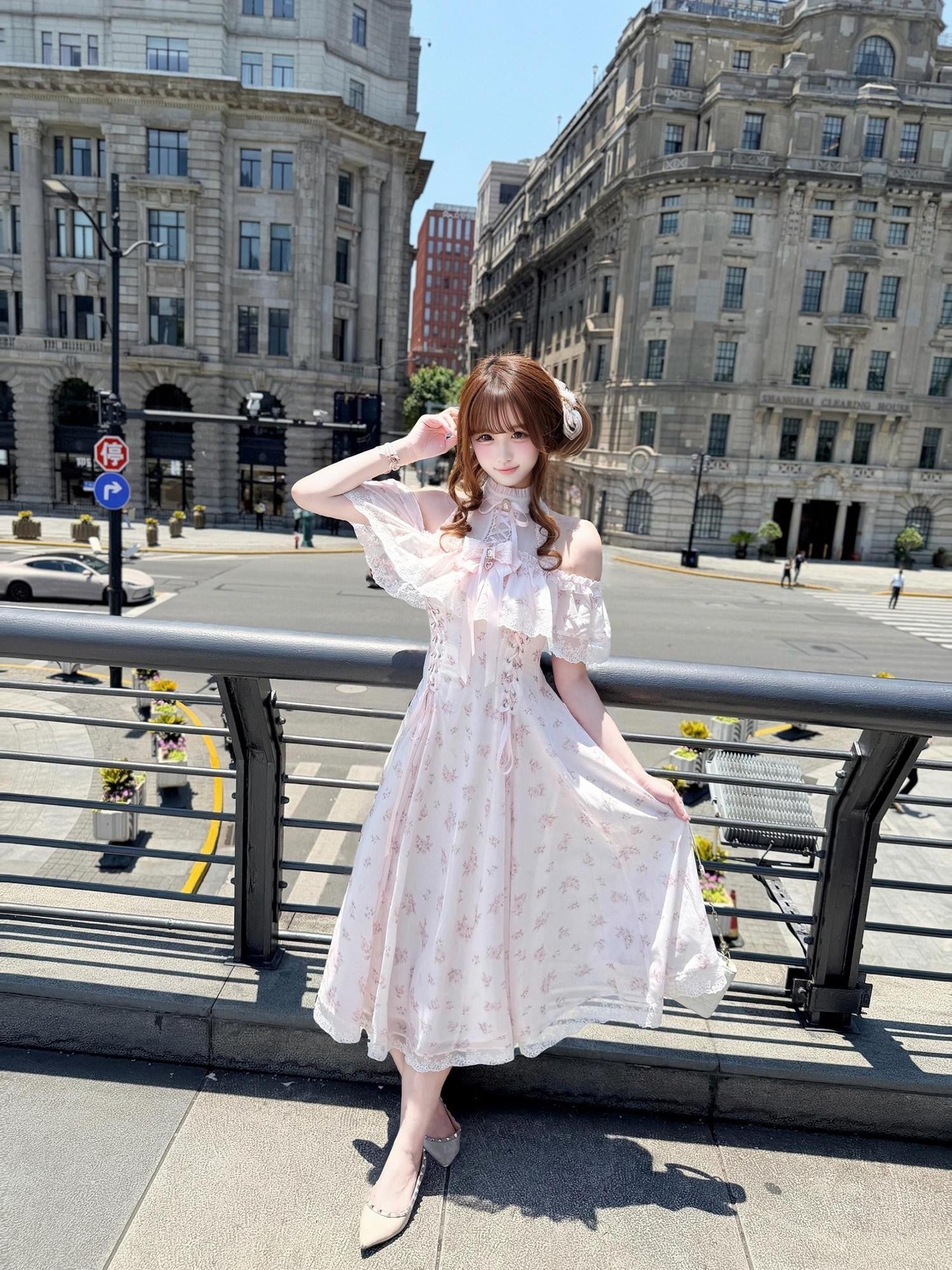 Ekomi Japanese Clean Floral Bow Bubble Skirt Women's Round Neck Short Sleeve Op