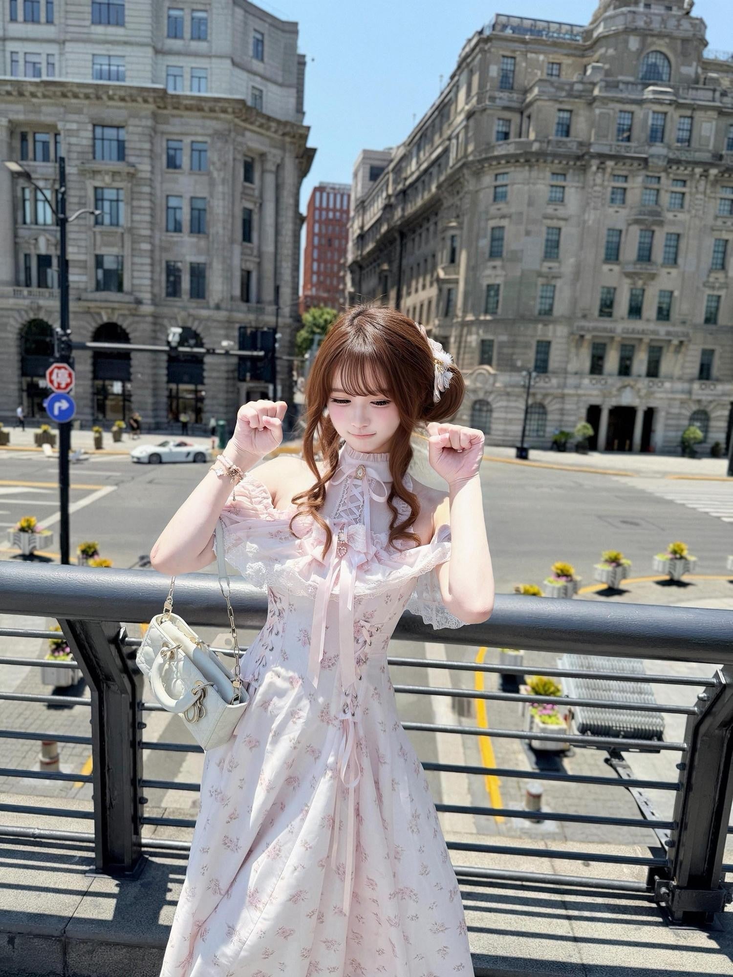 Ekomi Japanese Clean Floral Bow Bubble Skirt Women's Round Neck Short Sleeve Op