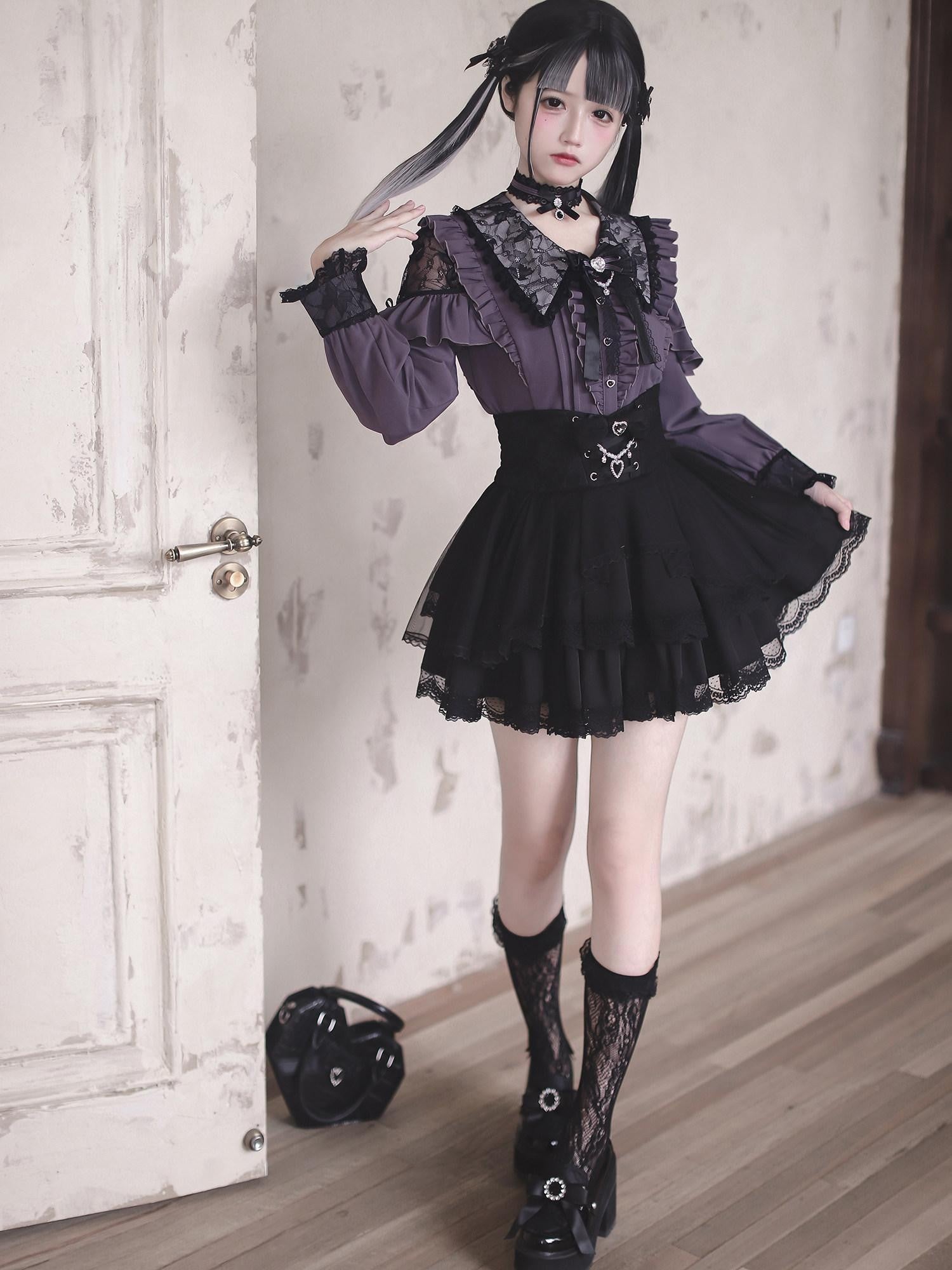 Ekomi Lace Doll Collar Puff Skirt Japanese Subculture Women's Long Sleeve Op