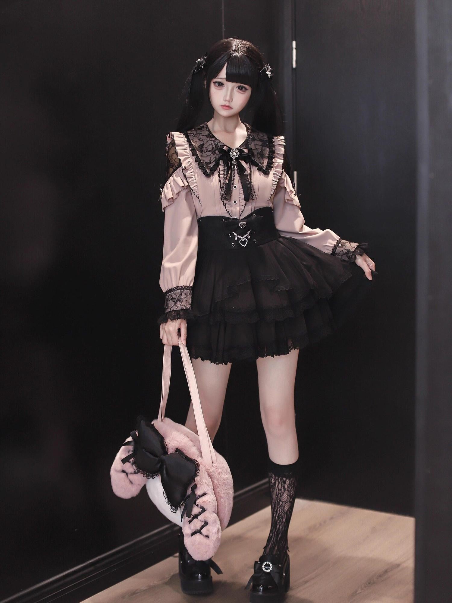 Ekomi Lace Doll Collar Puff Skirt Japanese Subculture Women's Long Sleeve Op