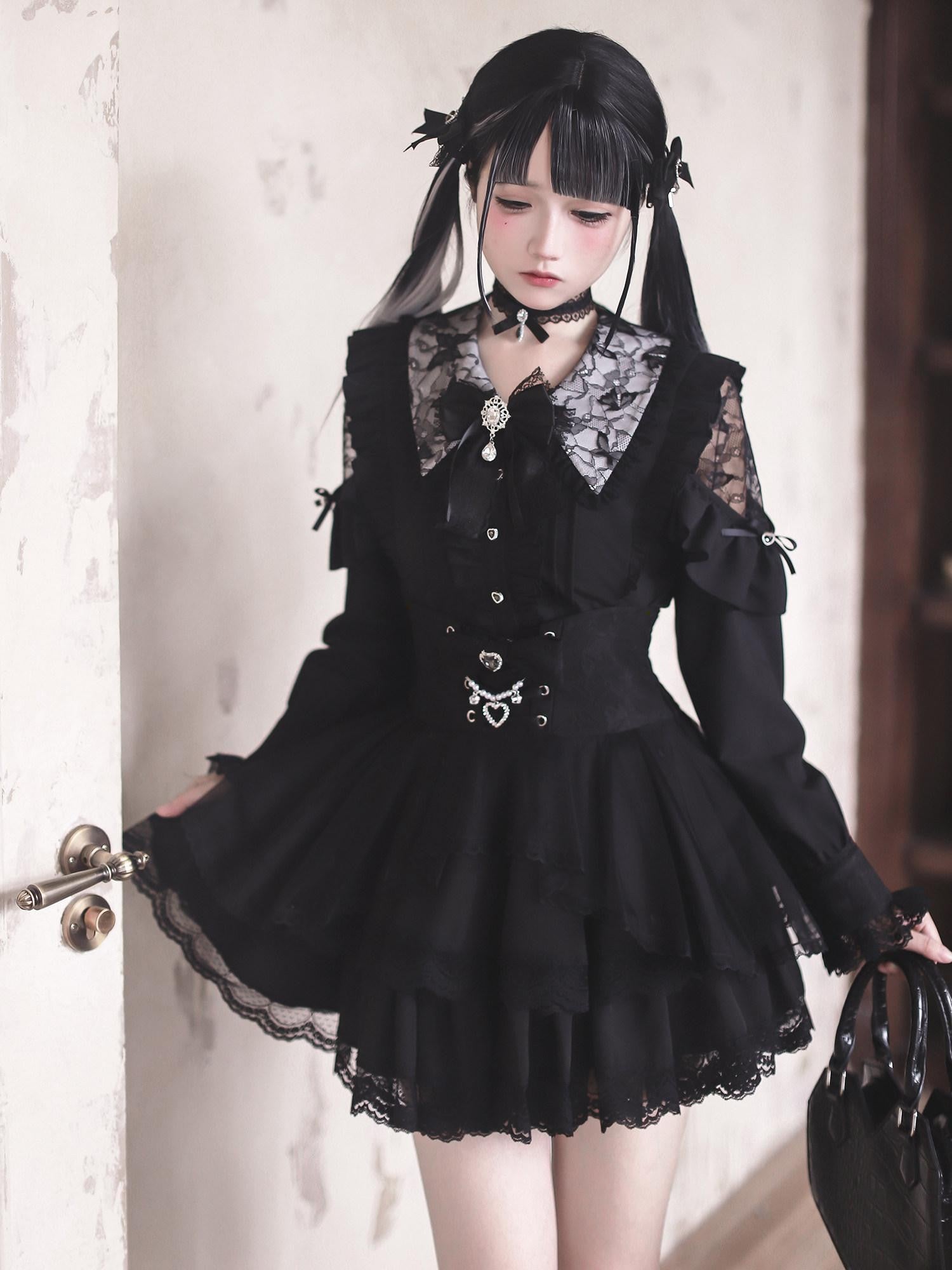 Ekomi Lace Doll Collar Puff Skirt Japanese Subculture Women's Long Sleeve Op