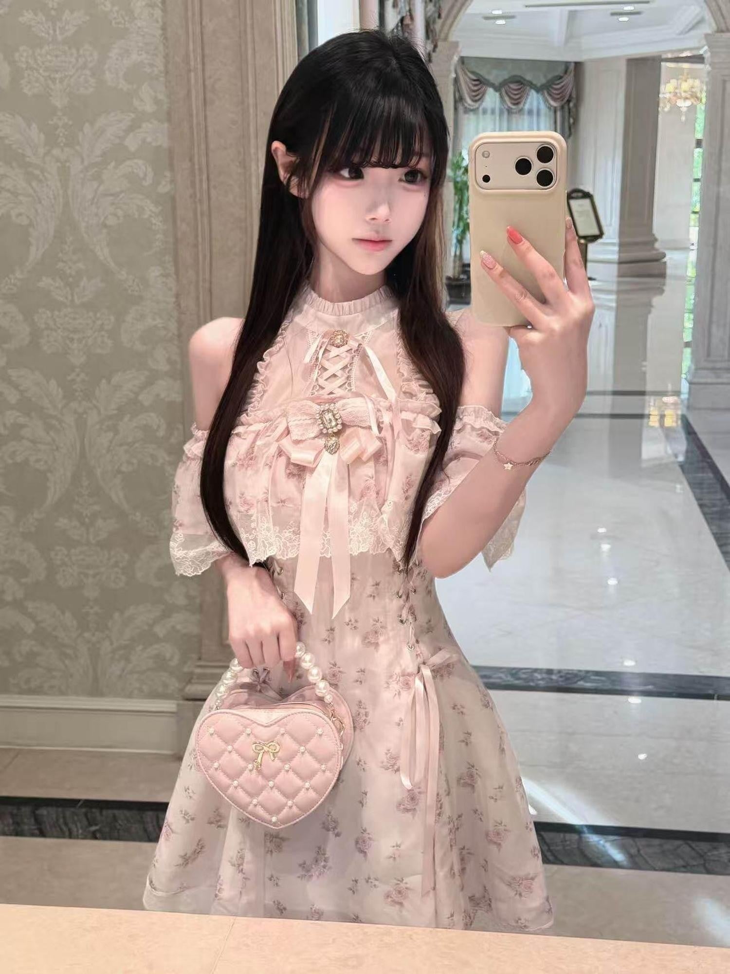 Ekomi Light Pink Floral A Line Round Neck Women's Chiffon Short Sleeve Op