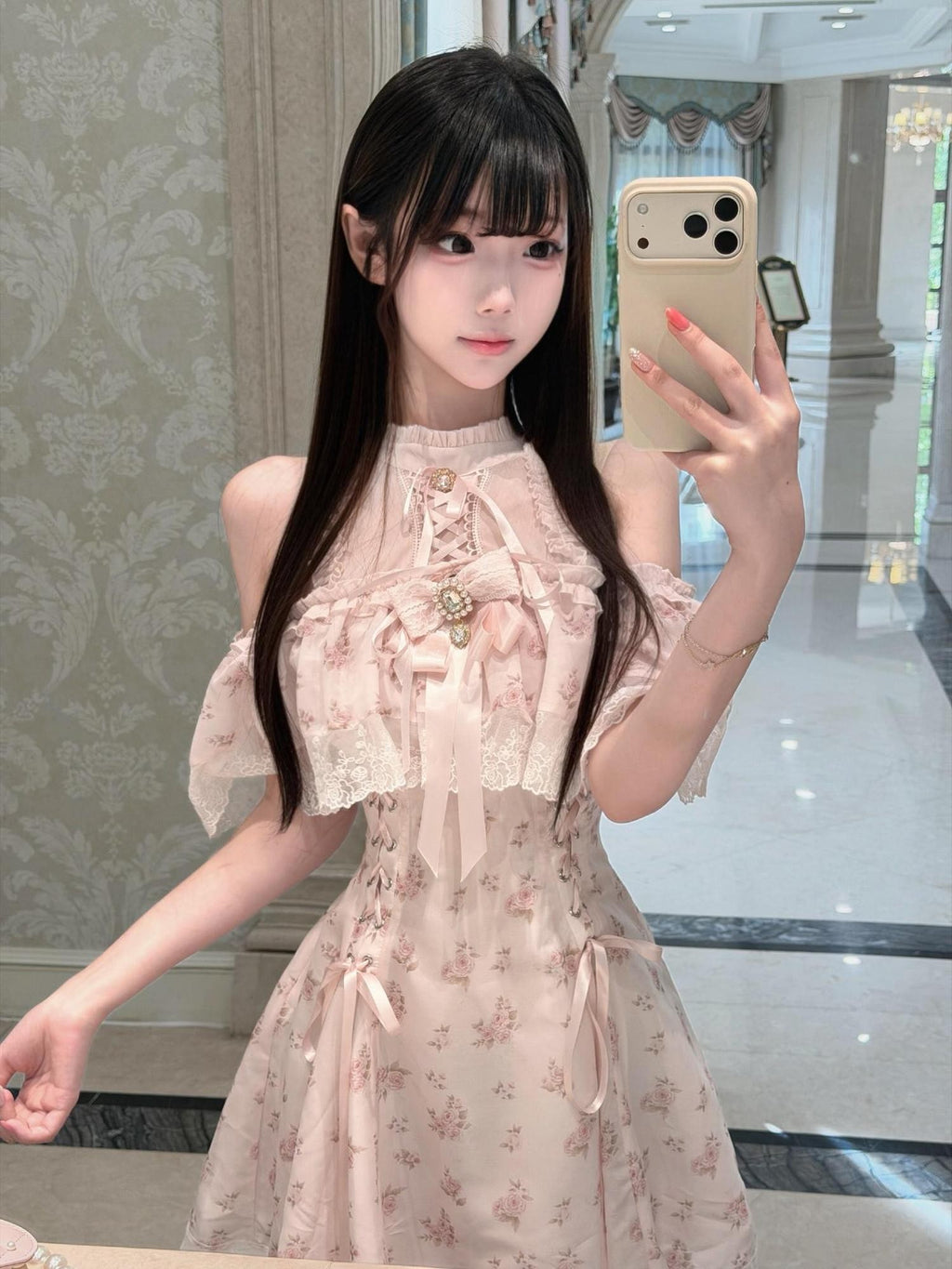 Ekomi Light Pink Floral A Line Round Neck Women's Chiffon Short Sleeve Op