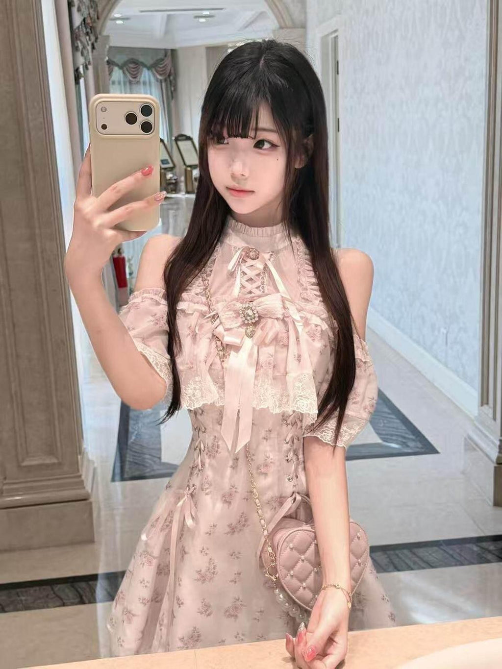 Ekomi Light Pink Floral A Line Round Neck Women's Chiffon Short Sleeve Op