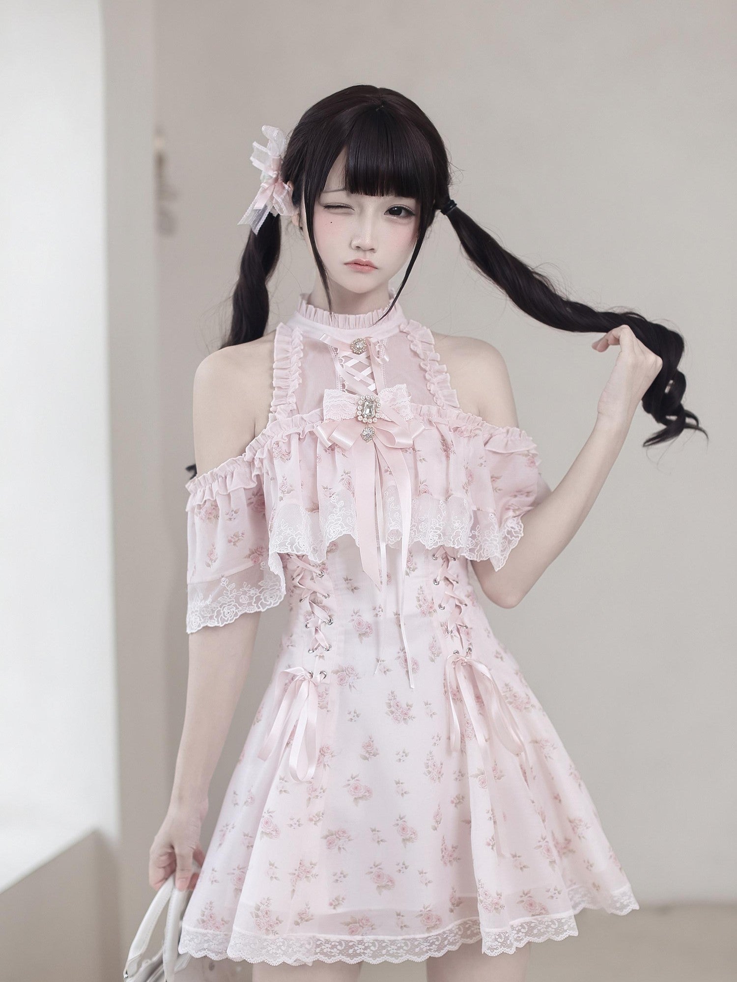 Ekomi Light Pink Floral A Line Round Neck Women's Chiffon Short Sleeve Op