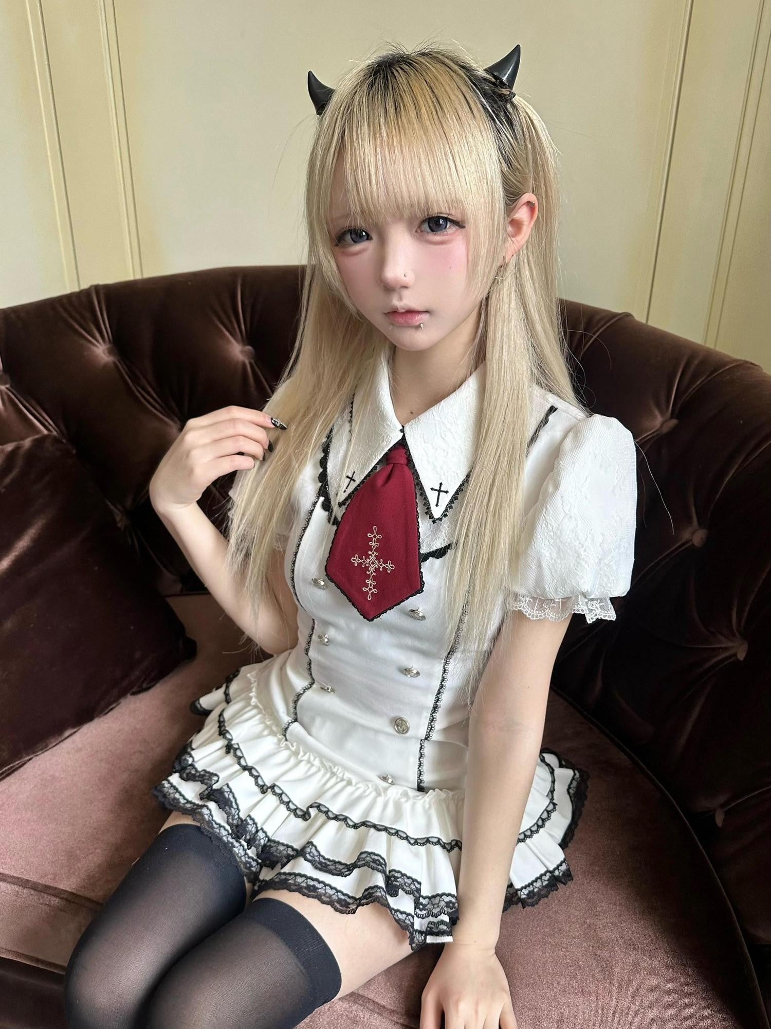 Ekomi Manga Style Black White Plaid Square Collar Women's Princess Dress Op Sets