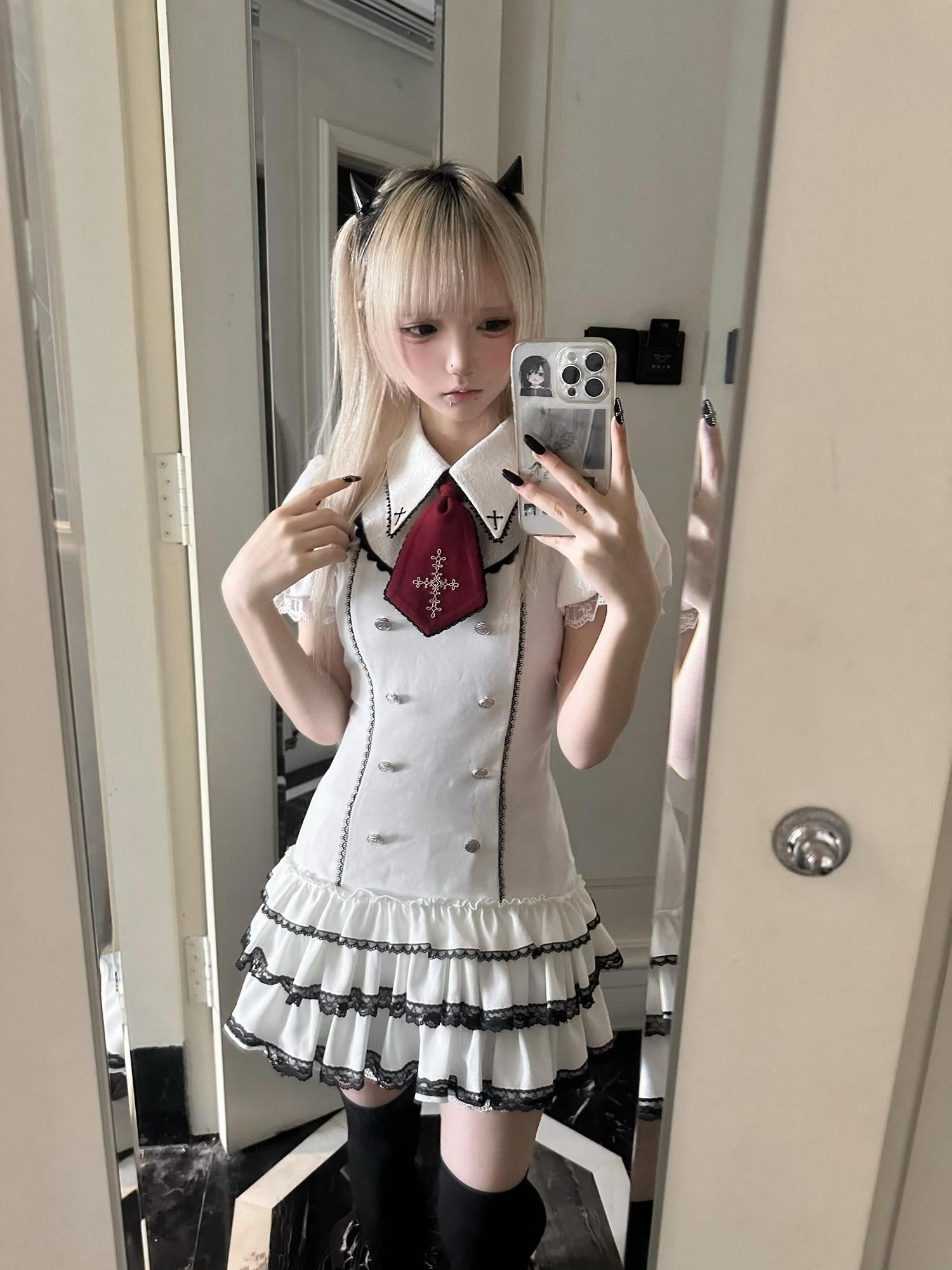 Ekomi Manga Style Black White Plaid Square Collar Women's Princess Dress Op Sets