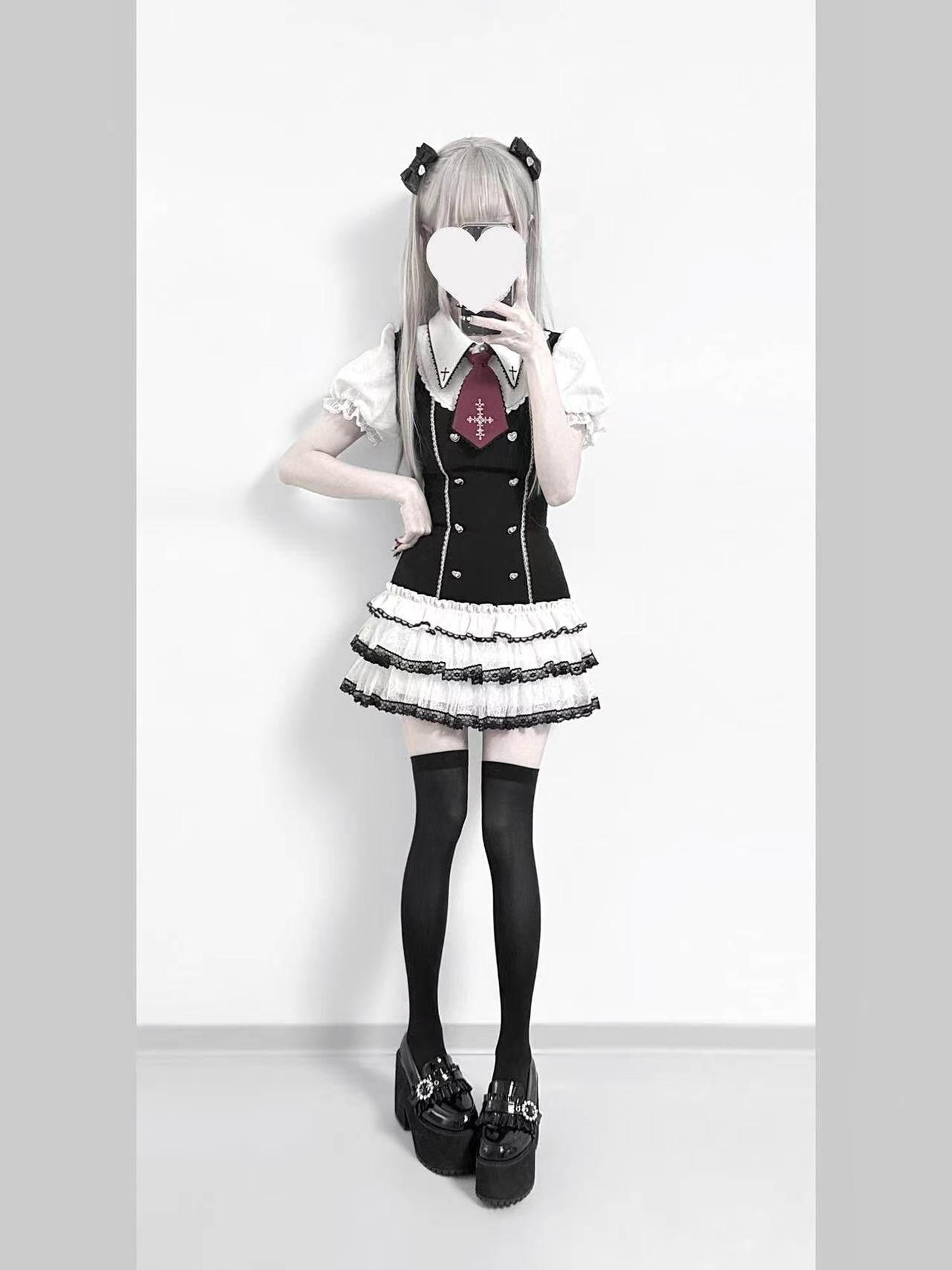Ekomi Manga Style Black White Plaid Square Collar Women's Princess Dress Op Sets