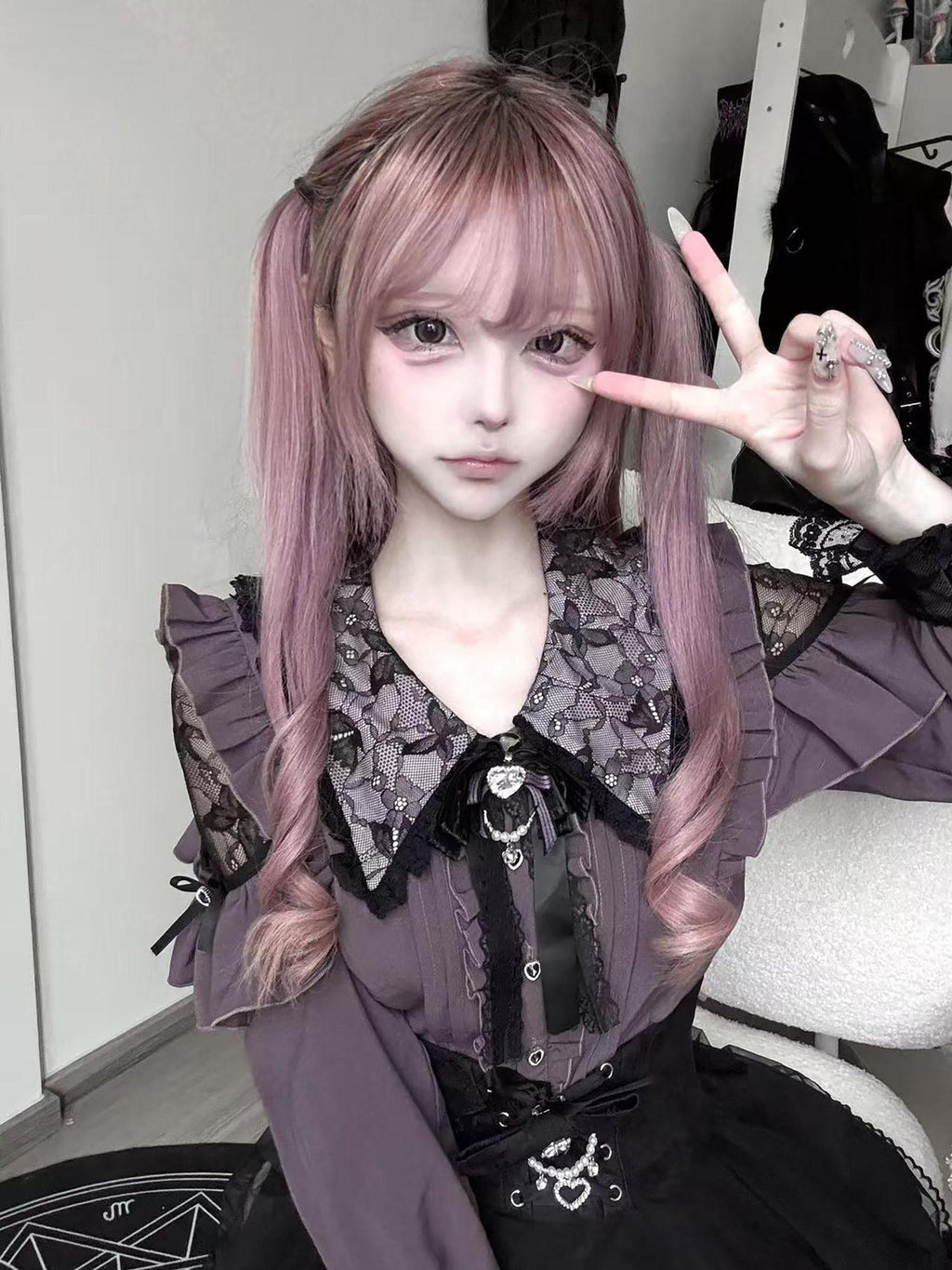 Ekomi Pink Black Purple Lace Shirt Bow Choker Women's Long Sleeve Op