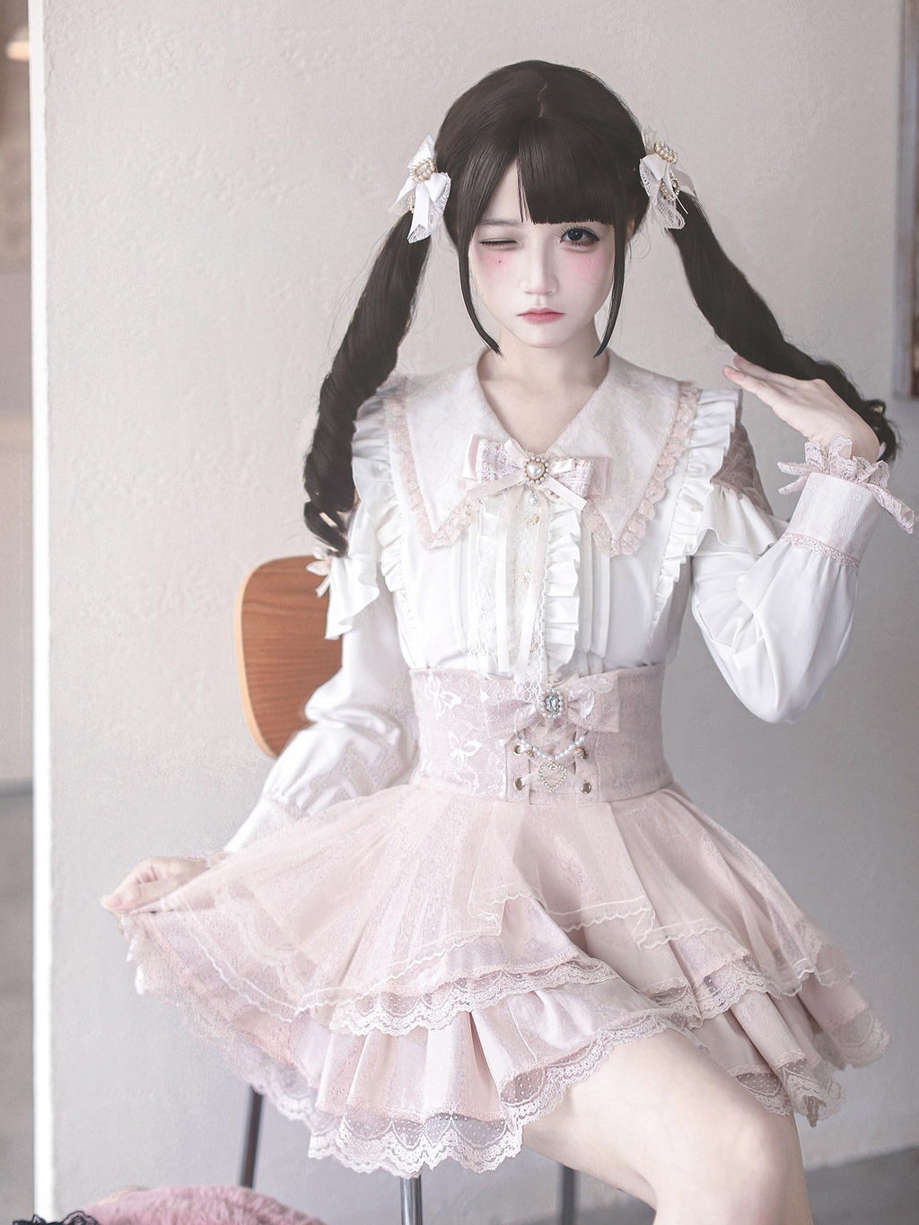 Ekomi Pink Black Purple Lace Shirt Bow Choker Women's Long Sleeve Op