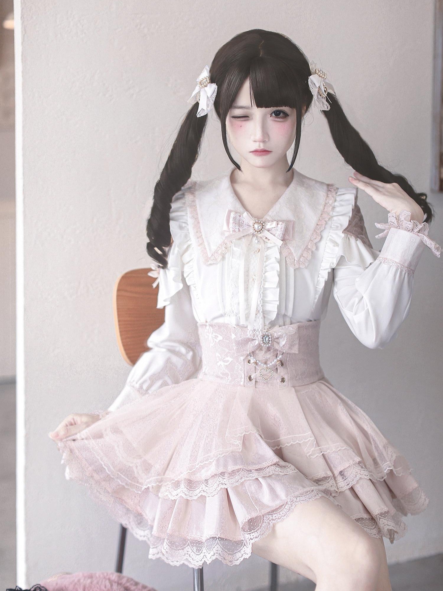 Ekomi Pink Black Purple Lace Shirt Bow Choker Women's Long Sleeve Op