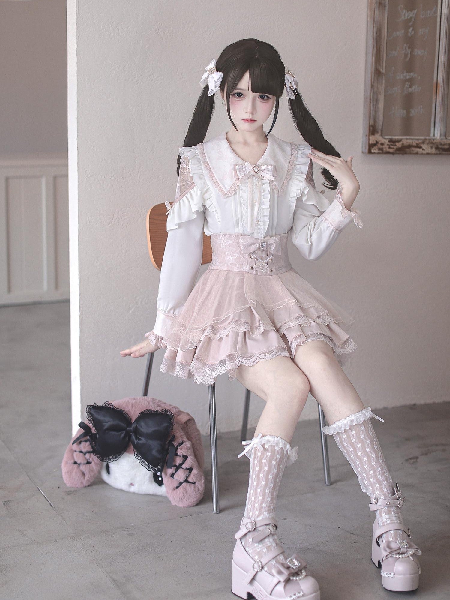 Ekomi Pink Black Purple Lace Shirt Bow Choker Women's Long Sleeve Op