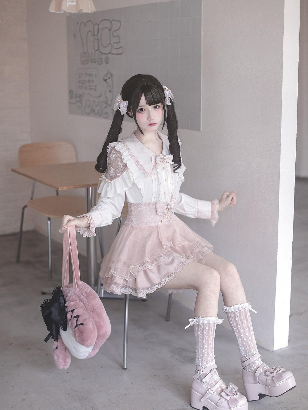 Ekomi Pink Black Purple Lace Shirt Bow Choker Women's Long Sleeve Op