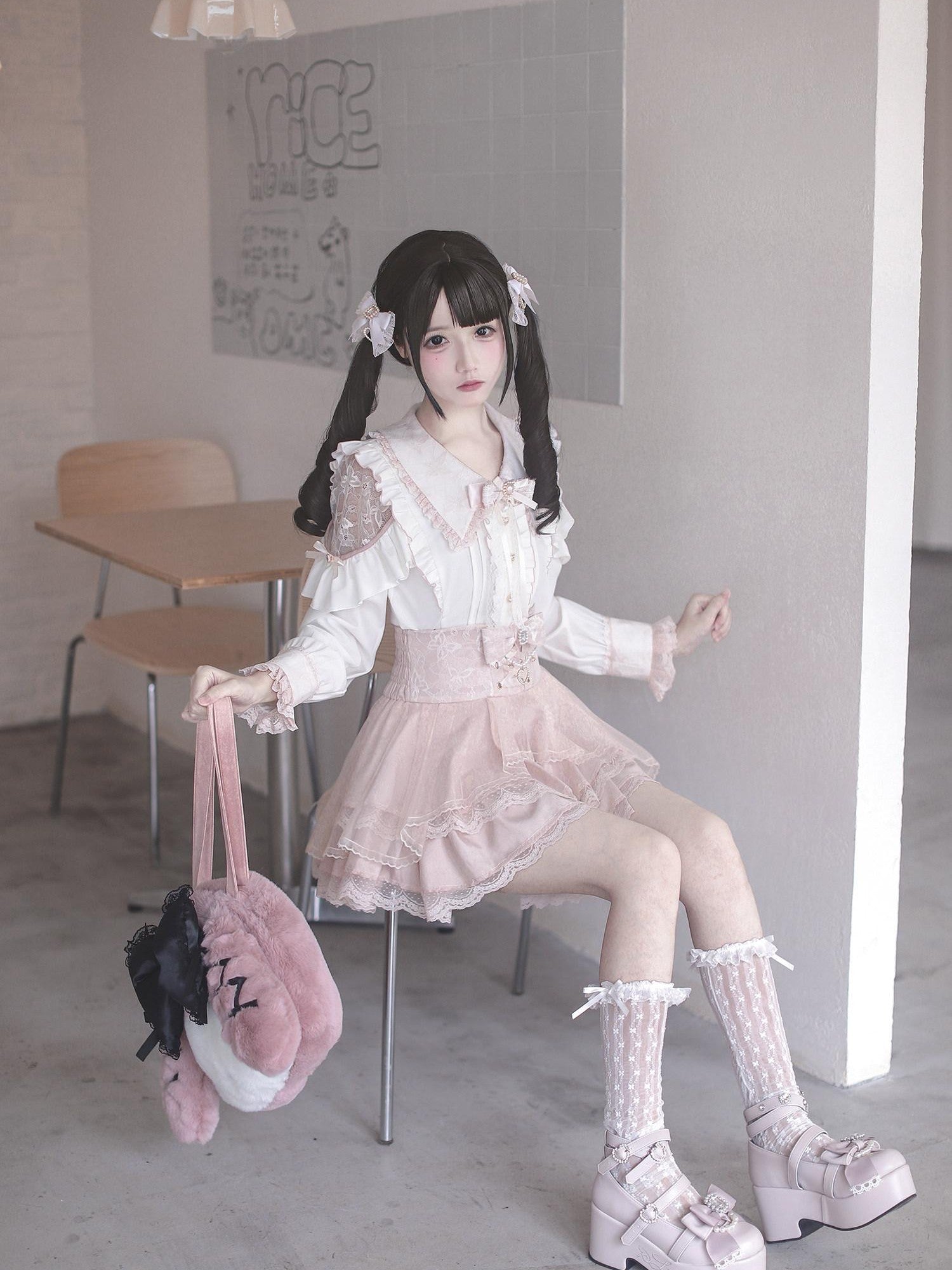 Ekomi Pink Black Purple Lace Shirt Bow Choker Women's Long Sleeve Op
