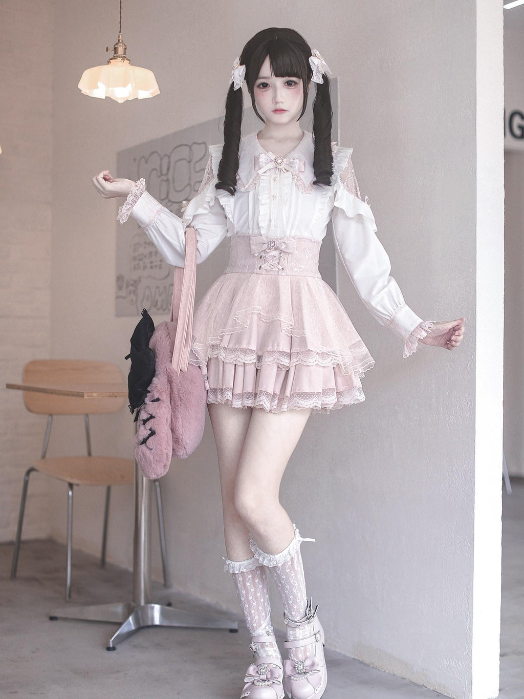 Ekomi Pink Black Purple Lace Shirt Bow Choker Women's Long Sleeve Op