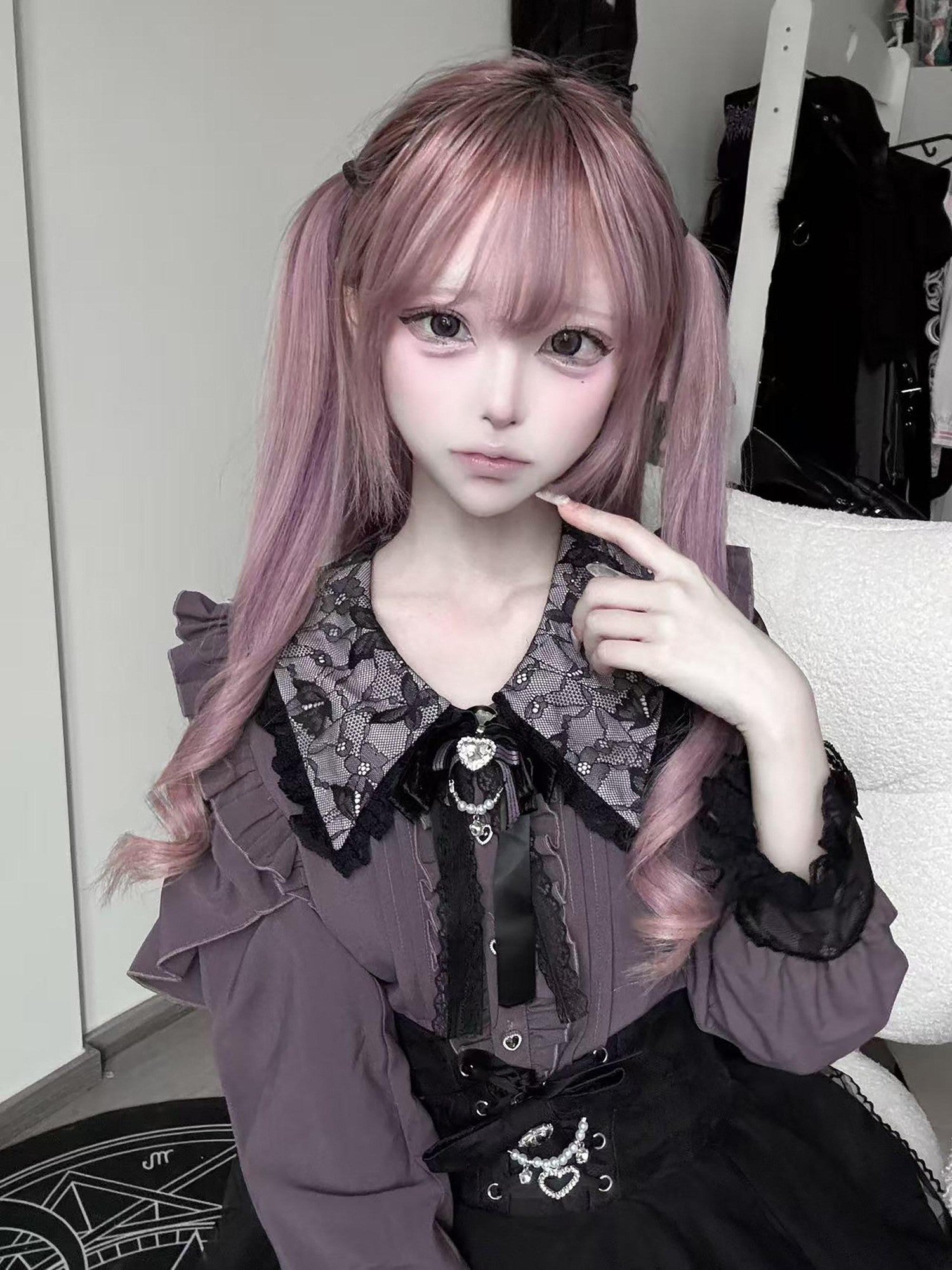 Ekomi Pink Black Purple Lace Shirt Bow Choker Women's Long Sleeve Op