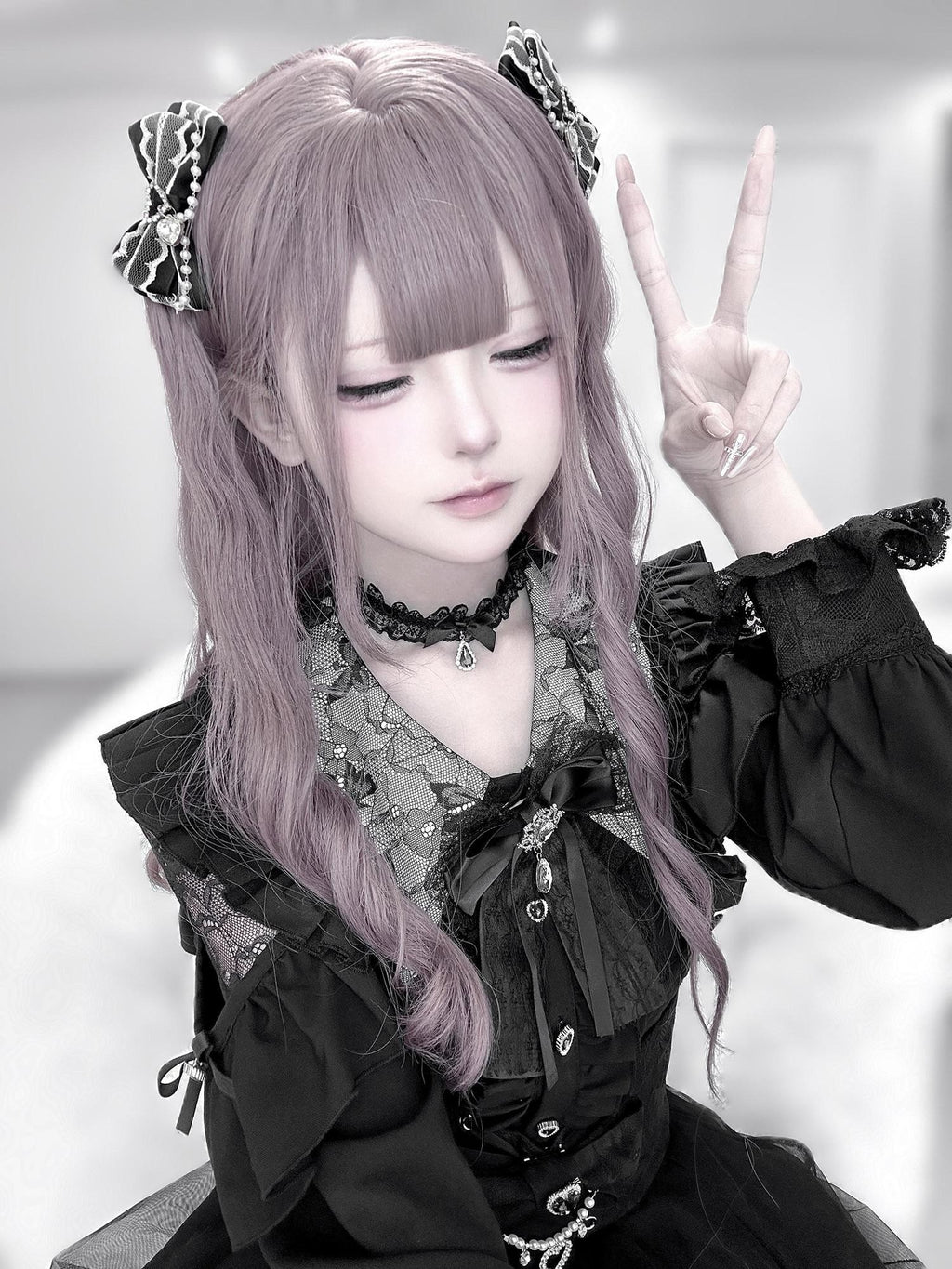 Ekomi Pink Black Purple Lace Shirt Bow Choker Women's Long Sleeve Op