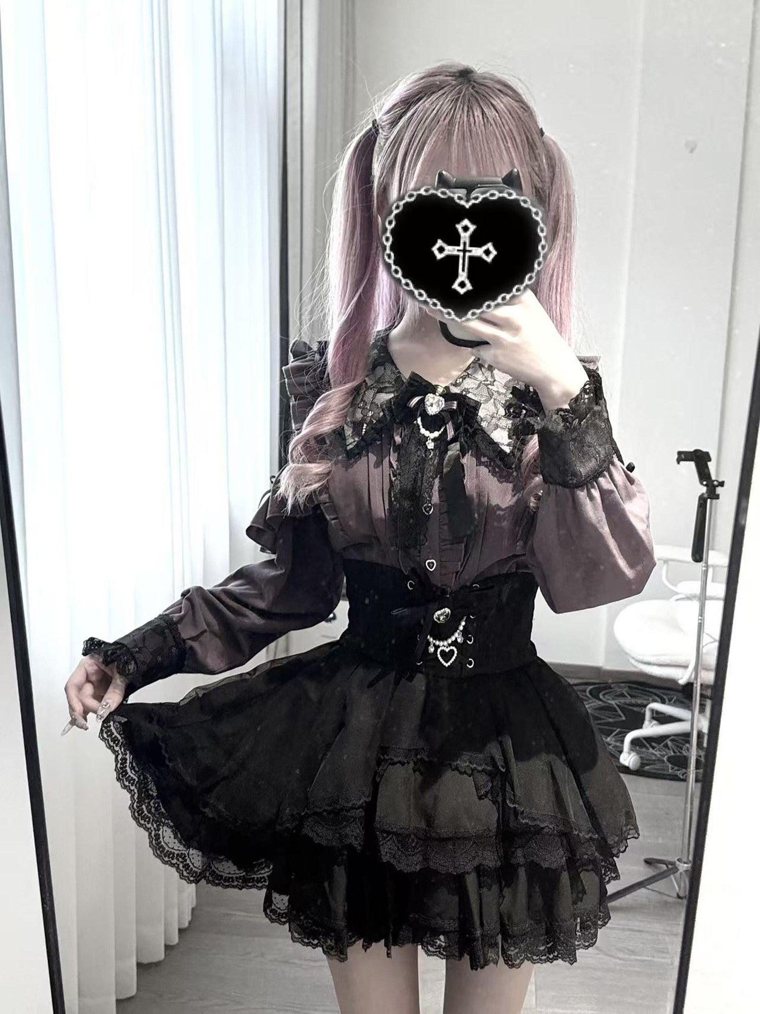 Ekomi Pink Black Purple Lace Shirt Bow Choker Women's Long Sleeve Op