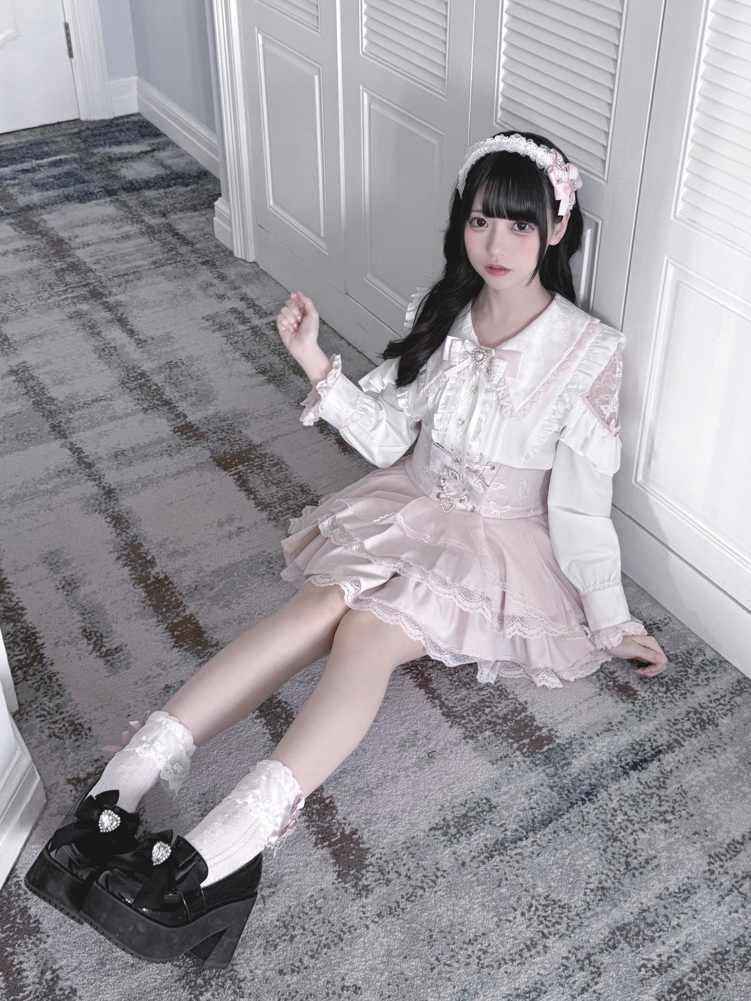 Ekomi Pink Black Purple Lace Shirt Bow Choker Women's Long Sleeve Op