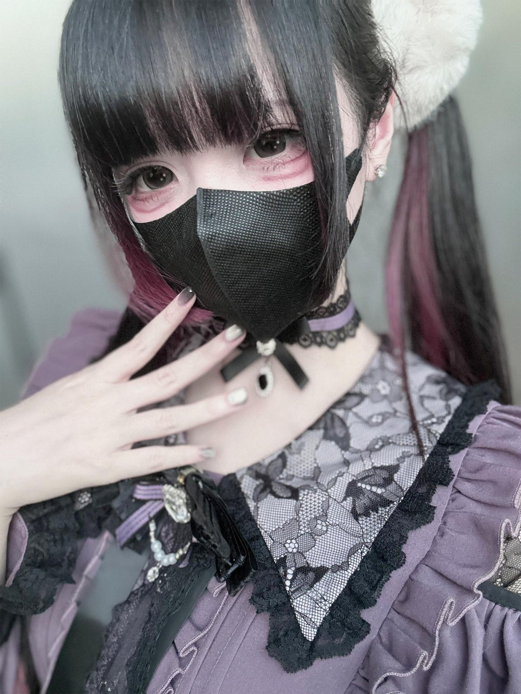 Ekomi Pink Black Purple Lace Shirt Bow Choker Women's Long Sleeve Op