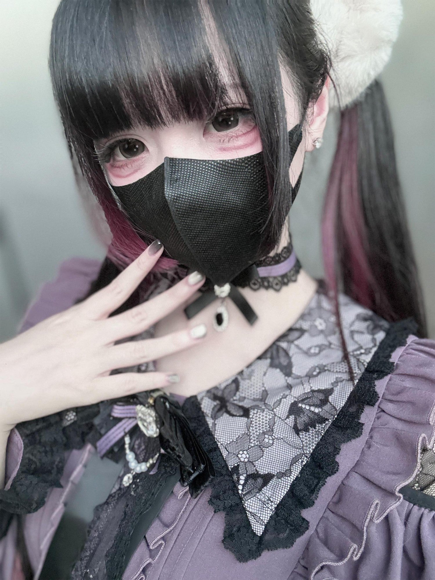 Ekomi Pink Black Purple Lace Shirt Bow Choker Women's Long Sleeve Op