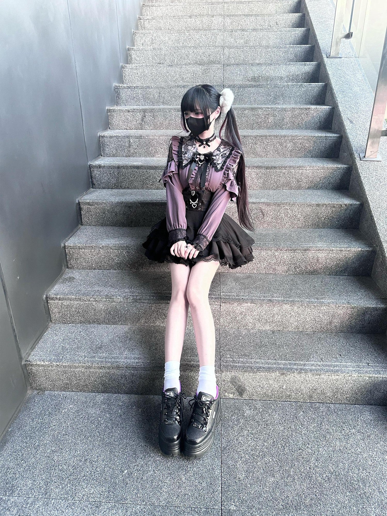 Ekomi Pink Black Purple Lace Shirt Bow Choker Women's Long Sleeve Op