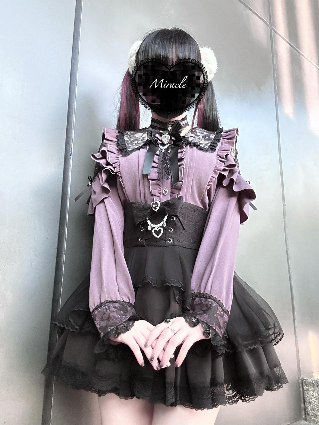 Ekomi Pink Black Purple Lace Shirt Bow Choker Women's Long Sleeve Op
