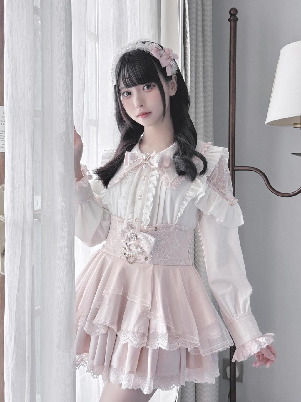 Ekomi Pink Black Purple Lace Shirt Bow Choker Women's Long Sleeve Op