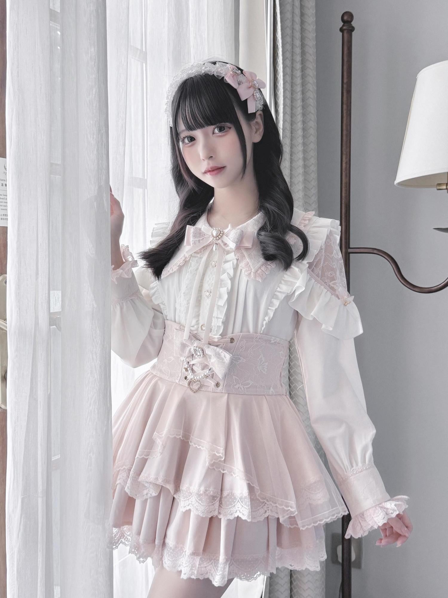 Ekomi Pink Black Purple Lace Shirt Bow Choker Women's Long Sleeve Op