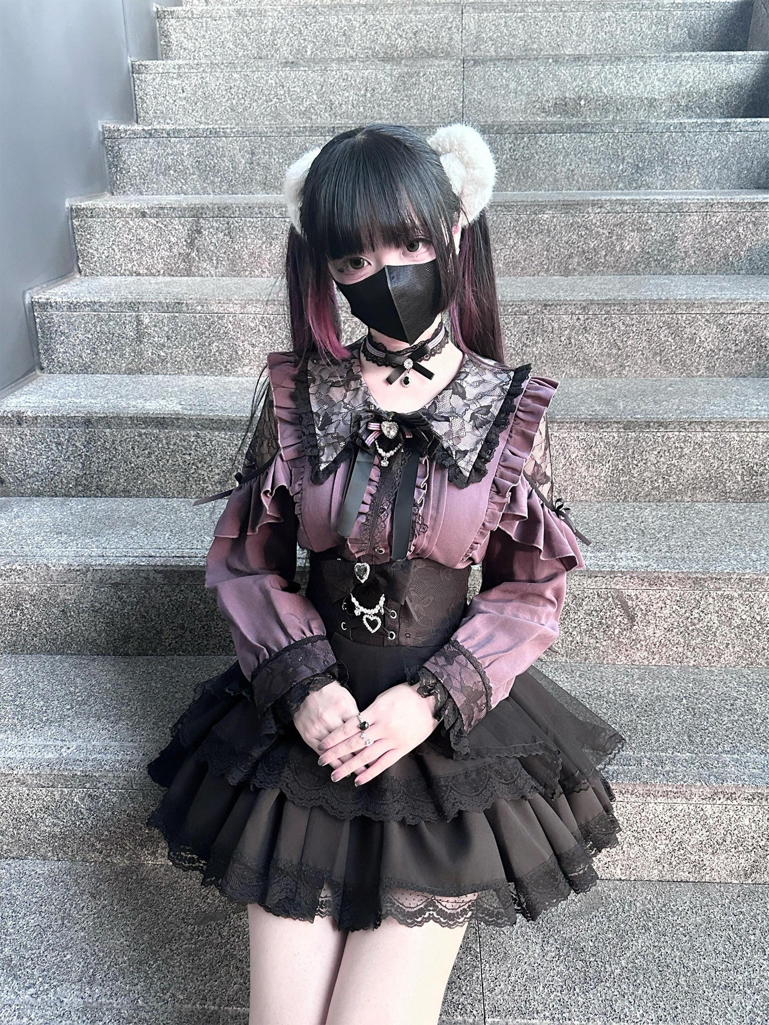 Ekomi Pink Black Purple Lace Shirt Bow Choker Women's Long Sleeve Op