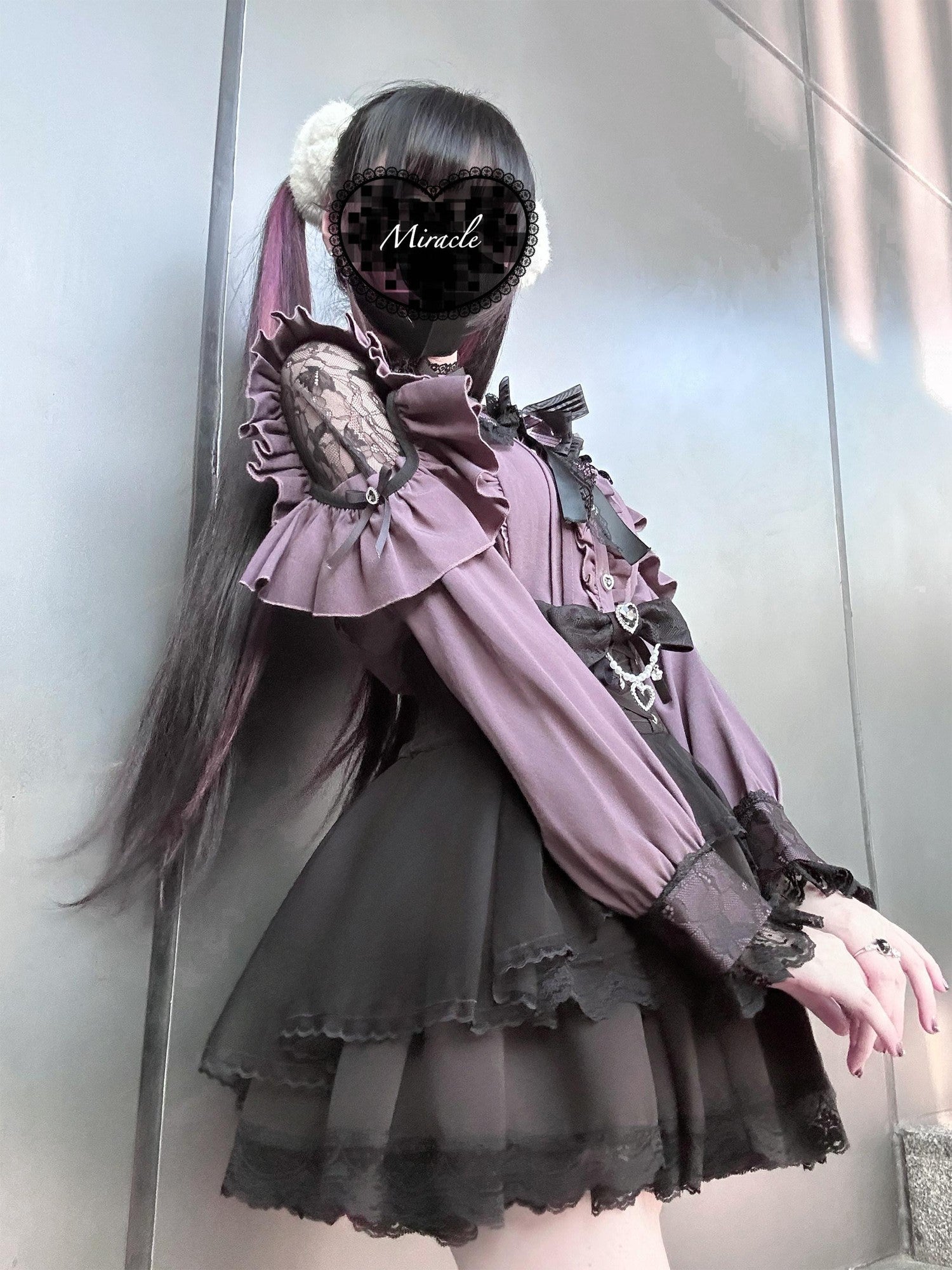 Ekomi Pink Black Purple Lace Shirt Bow Choker Women's Long Sleeve Op