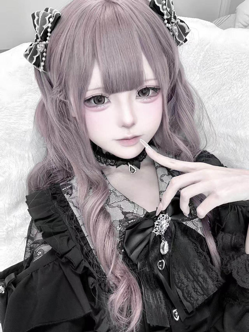 Ekomi Pink Black Purple Lace Shirt Bow Choker Women's Long Sleeve Op