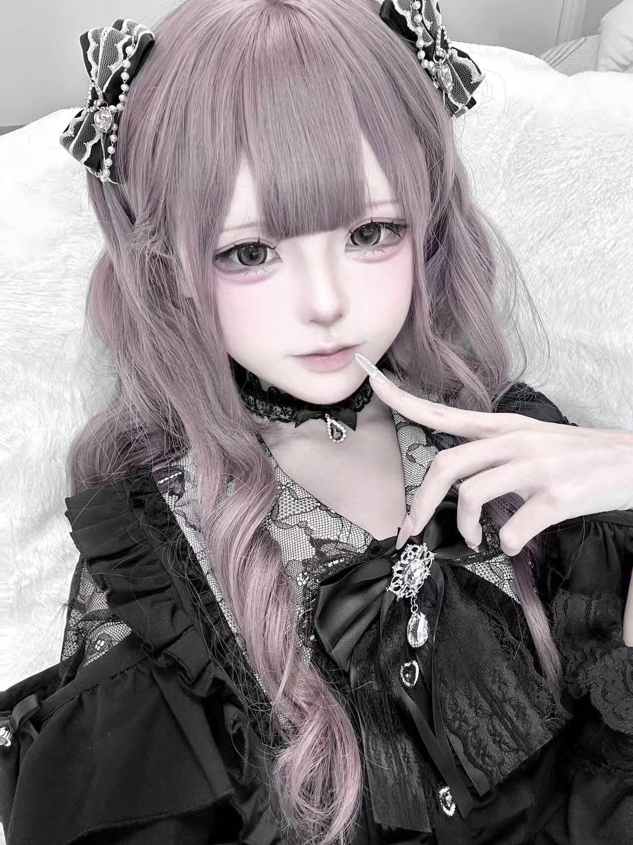 Ekomi Pink Black Purple Lace Shirt Bow Choker Women's Long Sleeve Op