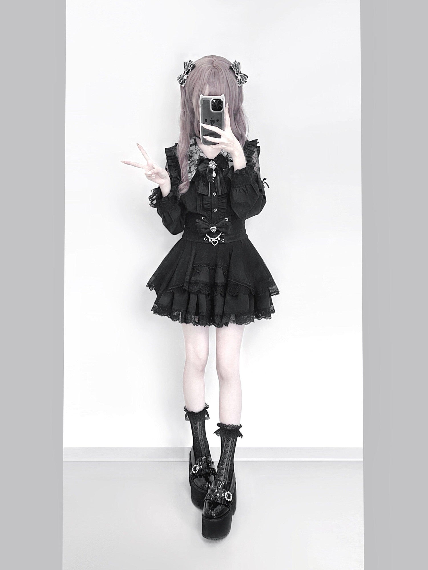 Ekomi Pink Black Purple Lace Shirt Bow Choker Women's Long Sleeve Op