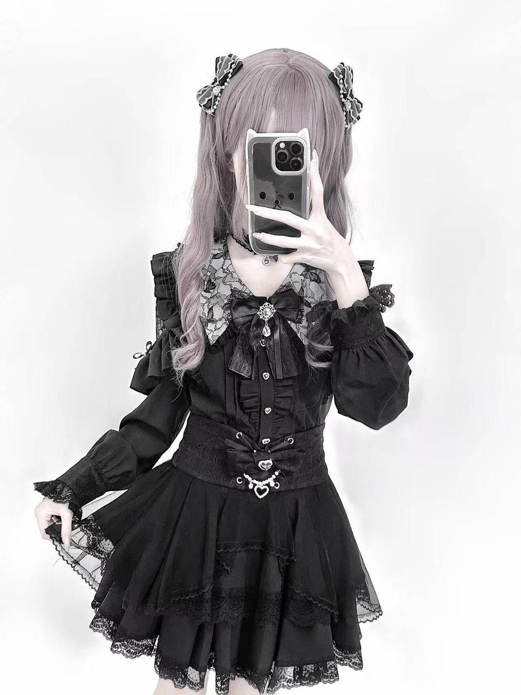 Ekomi Pink Black Purple Lace Shirt Bow Choker Women's Long Sleeve Op