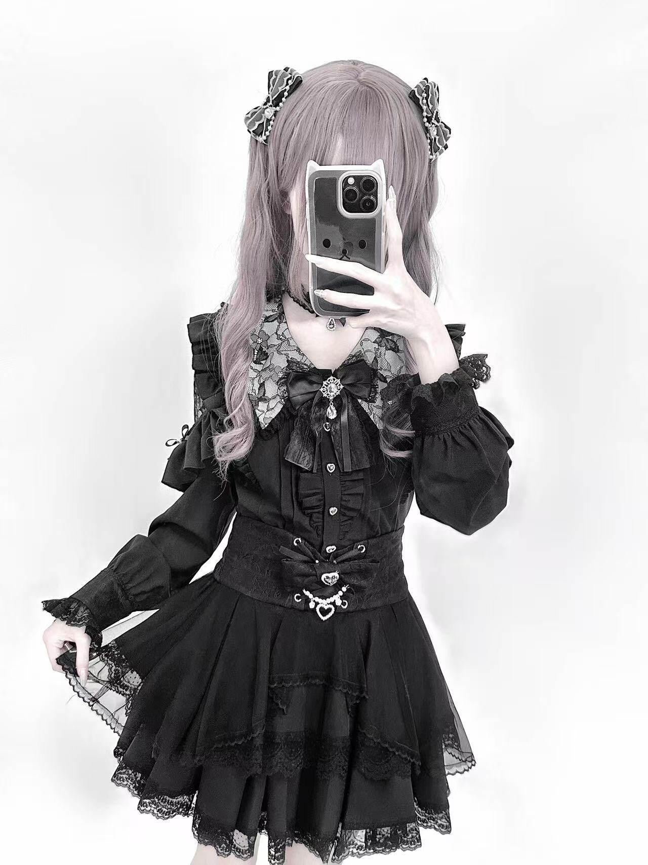 Ekomi Pink Black Purple Lace Shirt Bow Choker Women's Long Sleeve Op