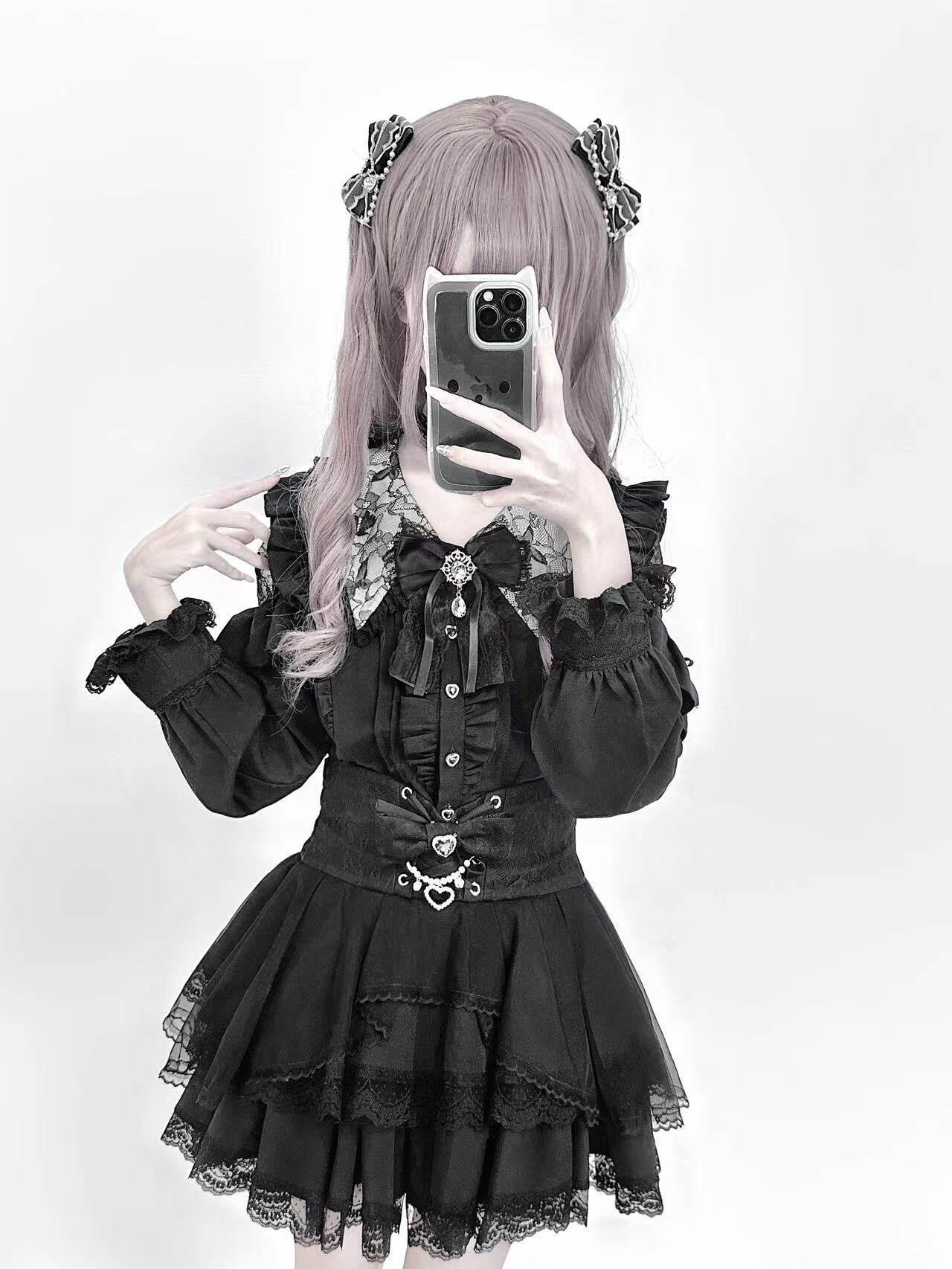 Ekomi Pink Black Purple Lace Shirt Bow Choker Women's Long Sleeve Op