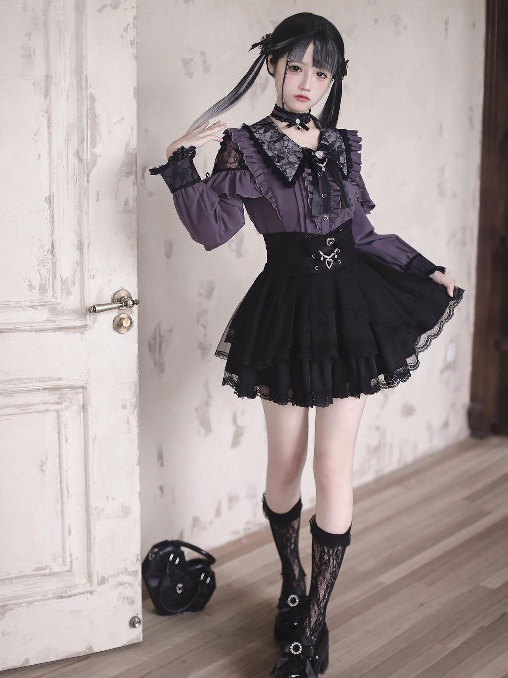 Ekomi Pink Black Purple Lace Shirt Bow Choker Women's Long Sleeve Op