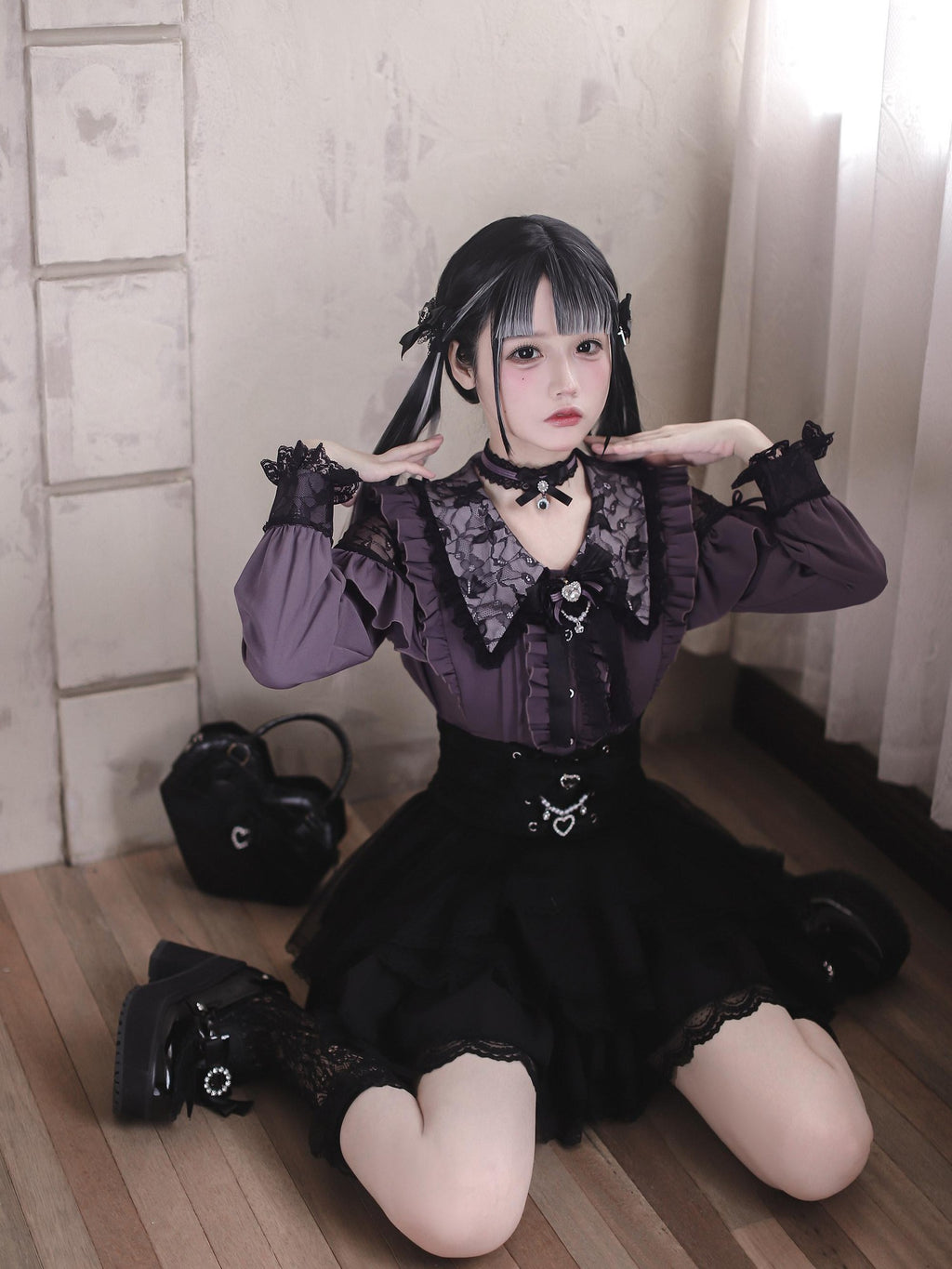 Ekomi Pink Black Purple Lace Shirt Bow Choker Women's Long Sleeve Op