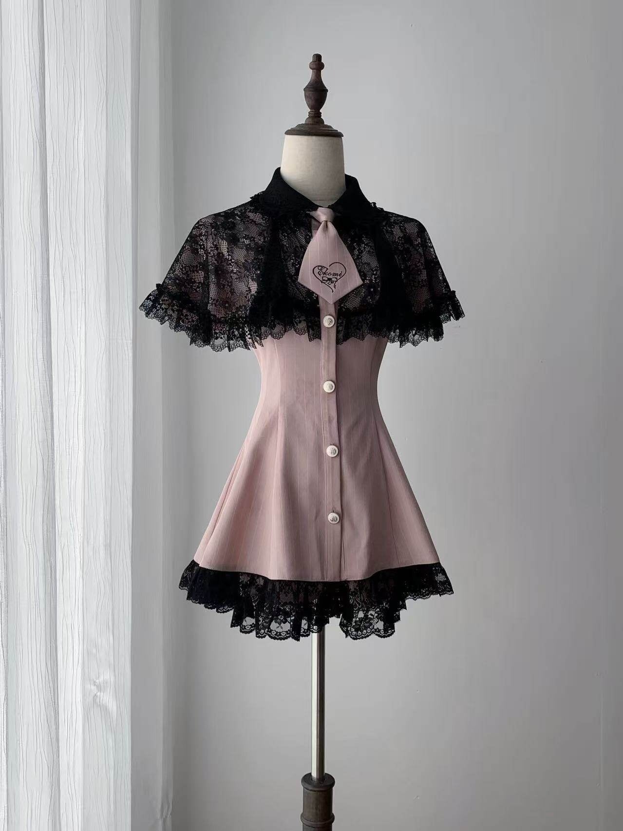 Ekomi_Pink_Black_Striped_Doll_Collar_A_Line_Lace_Slim_Fit_Women's_Short_Sleeve_Op_1052036618525_MISSTT