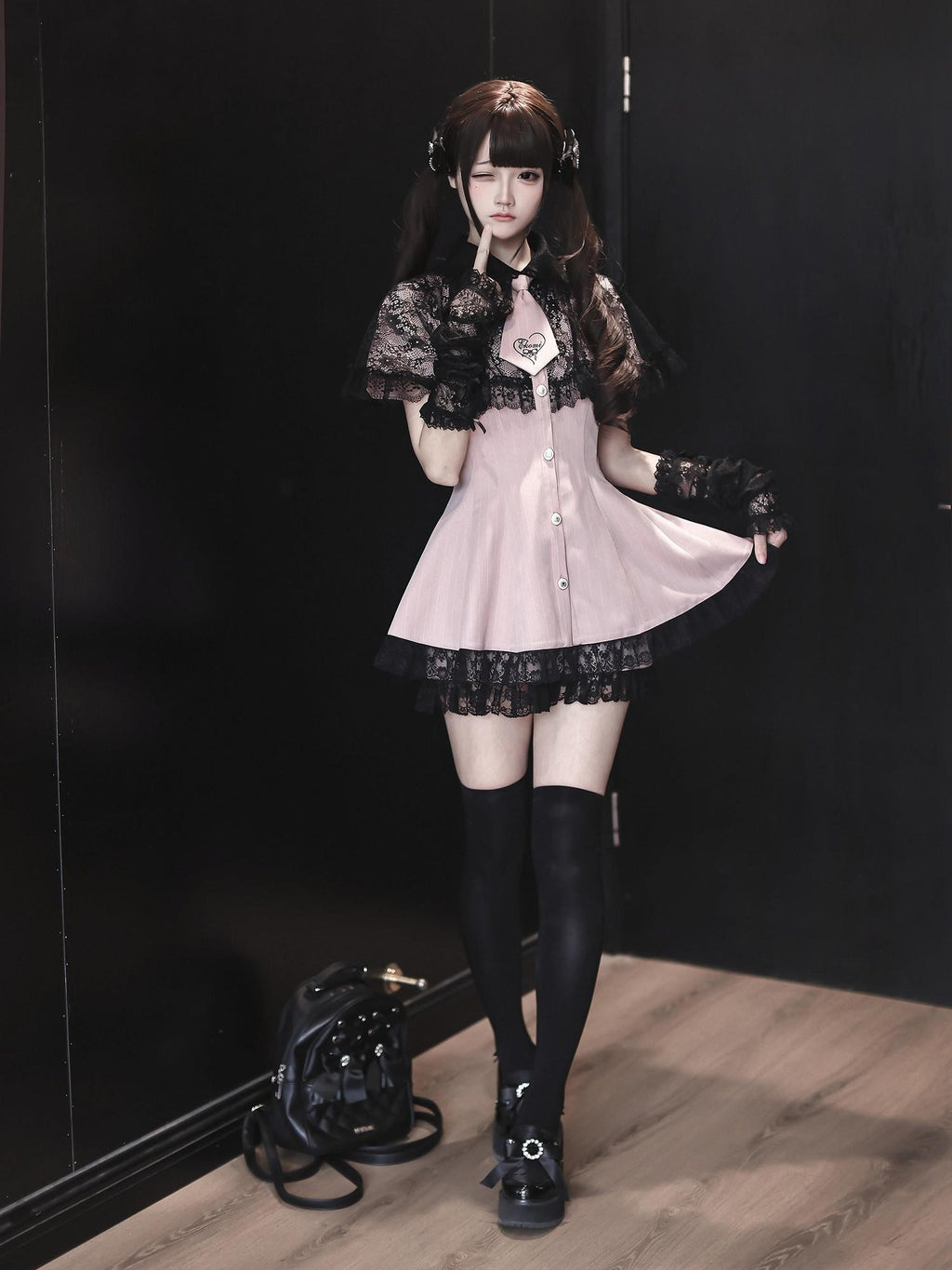 Ekomi Pink Black Striped Doll Collar A Line Lace Slim Fit Women's Short Sleeve Op