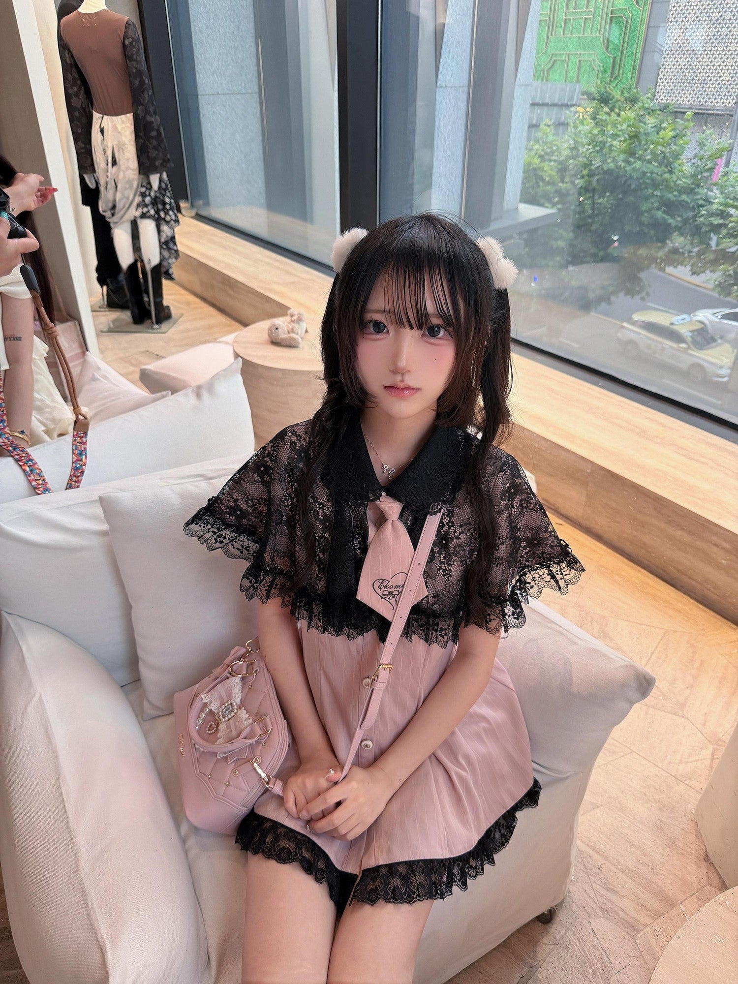 Ekomi Pink Black Striped Doll Collar A Line Lace Slim Fit Women's Short Sleeve Op