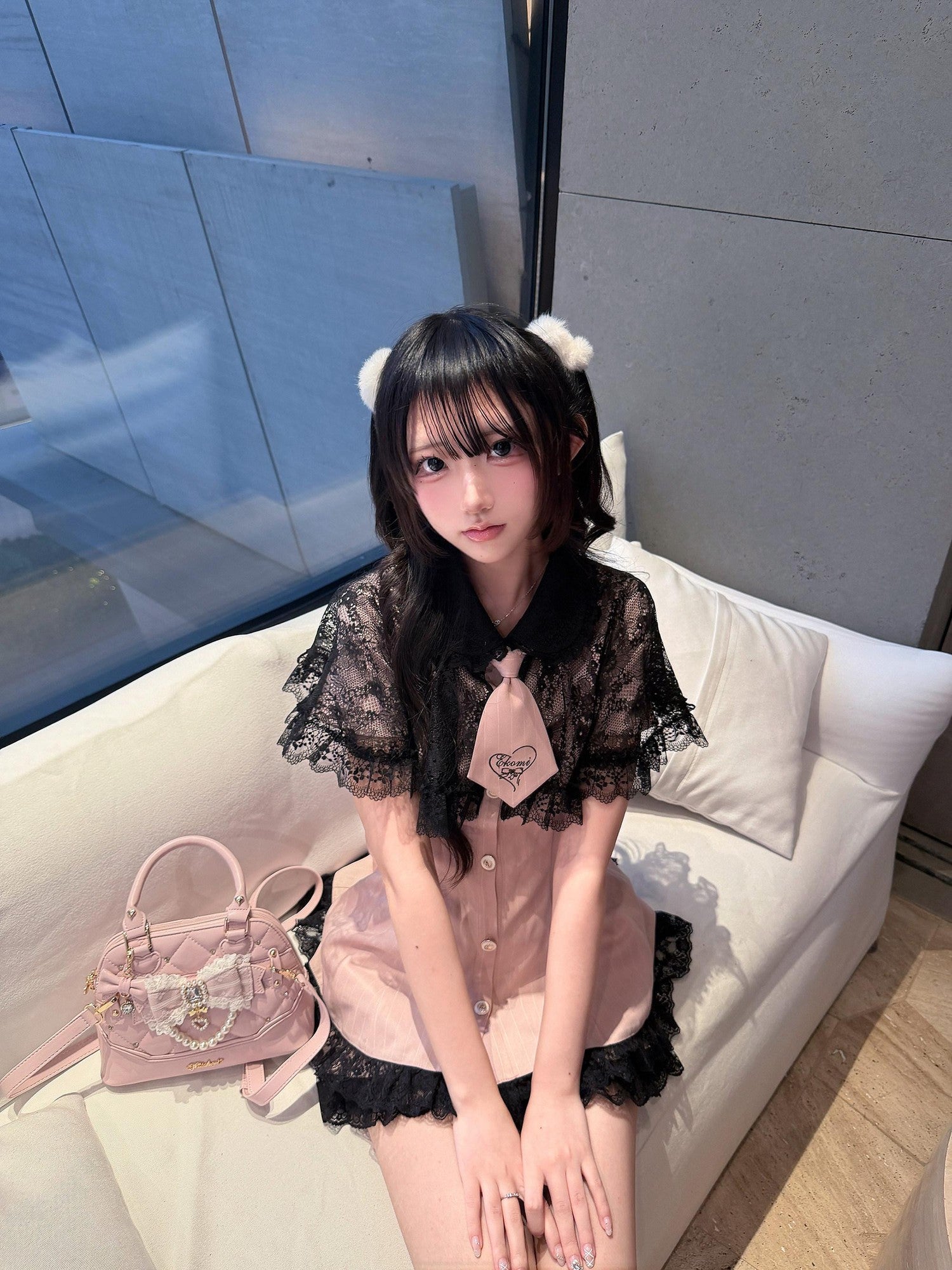 Ekomi Pink Black Striped Doll Collar A Line Lace Slim Fit Women's Short Sleeve Op